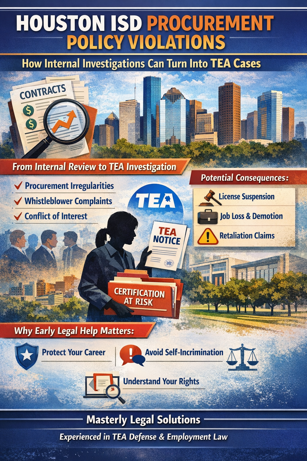 Houston ISD Procurement Policy Violations: How Internal Investigations Can Turn Into TEA Cases.” The design features the Houston skyline in the background with bold blue, orange, and red headings. On the left, a contracts document with a magnifying glass and upward arrow symbolizes procurement review. A central silhouette of a school employee holds a “TEA Notice” document and a folder labeled “Certification at Risk.” Bullet points list procurement irregularities, whistleblower complaints, and conflicts of interest leading from internal review to TEA investigation. A sidebar highlights potential consequences: license suspension, job loss or demotion, and retaliation claims. The bottom section emphasizes why early legal help matters—protect your career, avoid self-incrimination, and understand your rights—followed by Masterly Legal Solutions branding noting experience in TEA defense and employment law.