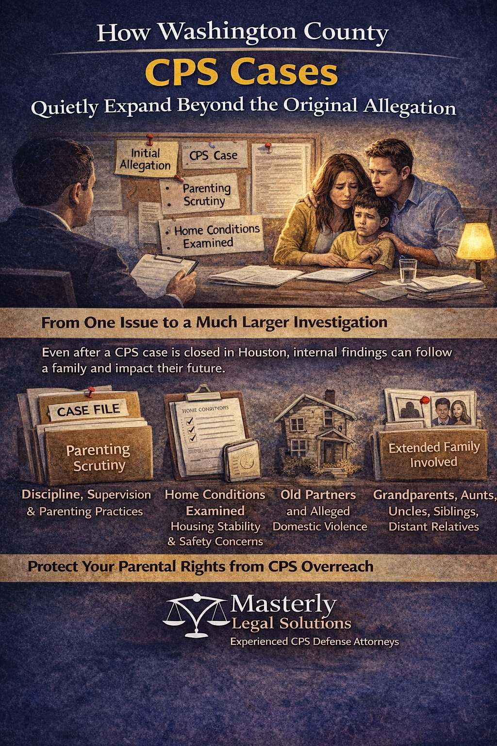 How Washington County CPS Cases Quietly Expand Beyond the Original Allegation.” The image shows a concerned mother and father sitting at a table with their child while speaking to a CPS worker taking notes. Behind them is a board labeled “Initial Allegation” and “CPS Case,” with notes referencing parenting scrutiny and home conditions examined.
A section reads, “From One Issue to a Much Larger Investigation,” explaining how a single report can expand into broader review. Visual elements include folders labeled “Case File” and “Parenting Scrutiny,” a checklist for home conditions, a house icon representing housing stability and safety concerns, and a folder labeled “Extended Family Involved,” referencing grandparents, aunts, uncles, and siblings.
The bottom banner states, “Protect Your Parental Rights from CPS Overreach,” alongside the Masterly Legal Solutions logo and the tagline “Experienced CPS Defense Attorneys.