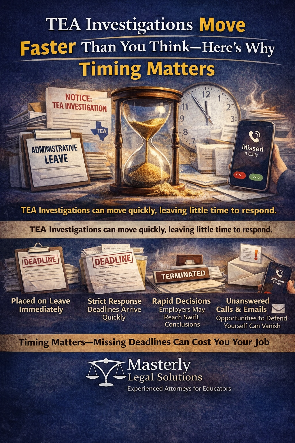 TEA Investigations Move Faster Than You Think—Here’s Why Timing Matters.” The design features an hourglass with sand running out at the center, surrounded by documents labeled “Notice: TEA Investigation,” “Administrative Leave,” and “Deadline.” A large clock in the background approaches midnight, and a smartphone screen shows multiple missed calls, emphasizing urgency.
Text highlights that TEA investigations can move quickly and leave little time to respond. Supporting visuals reference immediate administrative leave, strict response deadlines, rapid employer decisions, termination, and unanswered calls or emails. A banner at the bottom reads, “Timing Matters—Missing Deadlines Can Cost You Your Job,” alongside the Masterly Legal Solutions logo and the tagline “Experienced Attorneys for Educators.