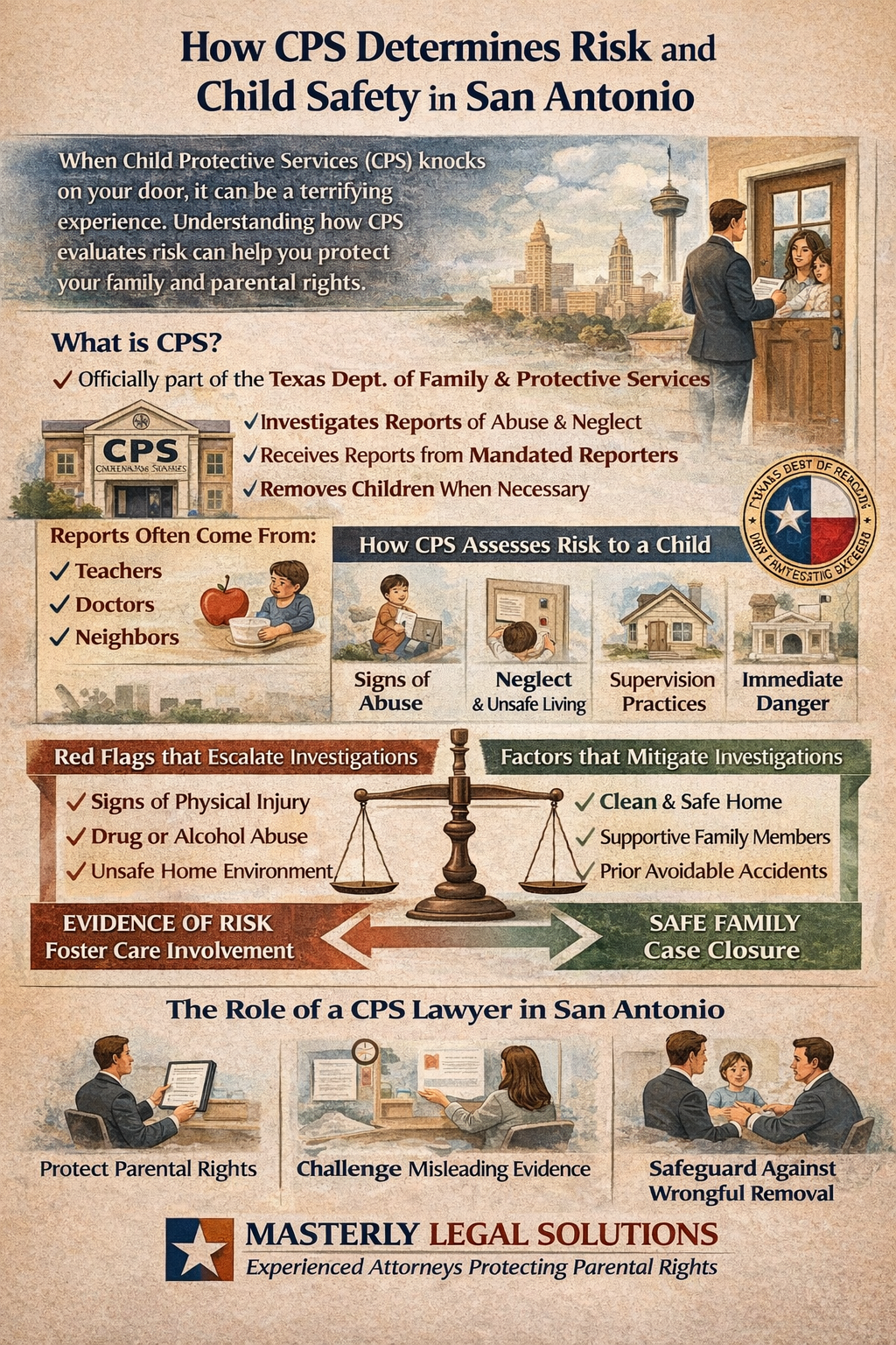 How CPS Determines Risk and Child Safety in San Antonio.” The graphic explains how Child Protective Services (CPS), part of the Texas Department of Family and Protective Services, investigates reports of abuse and neglect. It notes that reports often come from teachers, doctors, and neighbors. A section labeled “How CPS Assesses Risk to a Child” highlights signs of abuse, neglect and unsafe living conditions, supervision practices, and immediate danger. Another section contrasts “Red Flags that Escalate Investigations,” such as physical injury, drug or alcohol abuse, and unsafe home environments, with “Factors that Mitigate Investigations,” including a clean and safe home, supportive family members, and prior avoidable accidents. A bottom section titled “The Role of a CPS Lawyer in San Antonio” lists protecting parental rights, challenging misleading evidence, and safeguarding against wrongful removal. The footer reads “Masterly Legal Solutions – Experienced Attorneys Protecting Parental Rights.