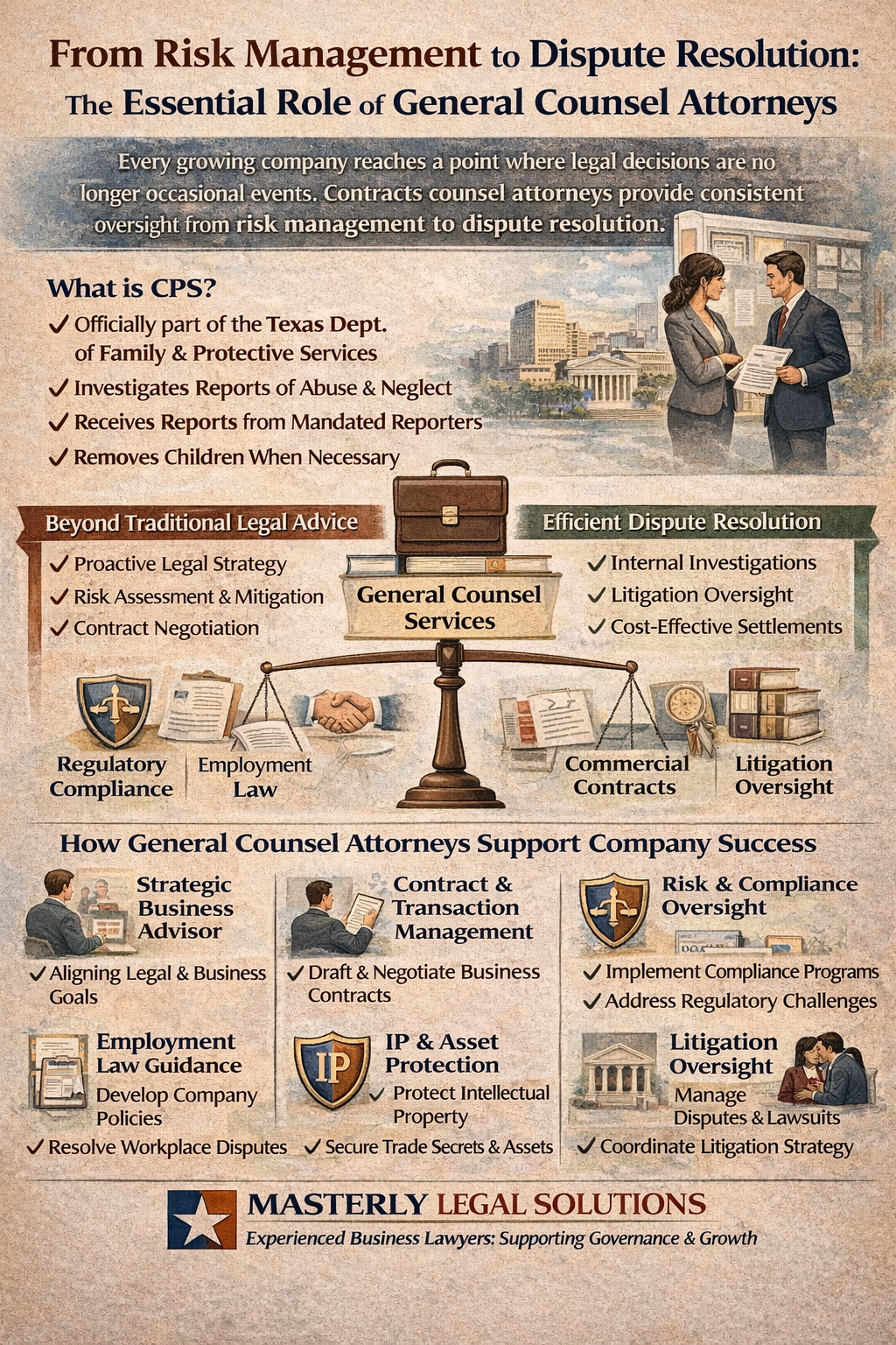 From Risk Management to Dispute Resolution: The Essential Role of General Counsel Attorneys.” The graphic explains how general counsel services support growing companies with proactive legal strategy and business oversight. Sections highlight functions such as regulatory compliance, employment law guidance, intellectual property and asset protection, commercial contract negotiation, contract and transaction management, internal investigations, and litigation oversight. A central scale labeled “General Counsel Services” emphasizes balancing risk management and dispute resolution. Additional sections describe the general counsel as a strategic business advisor who aligns legal and business goals, implements compliance programs, manages disputes and lawsuits, and coordinates litigation strategy. The footer reads “Masterly Legal Solutions – Experienced Business Lawyers: Supporting Governance & Growth.