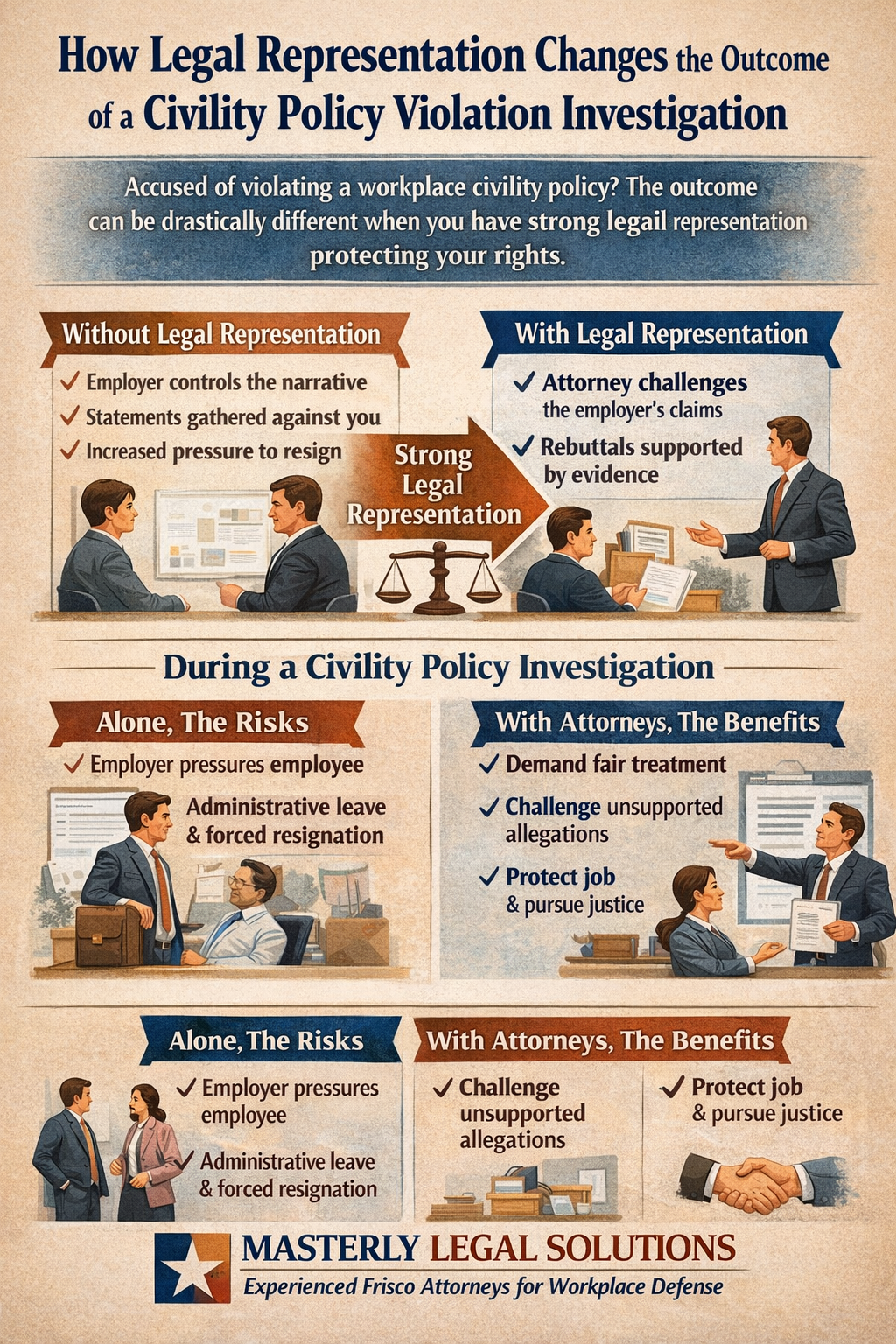Infographic: Legal representation impact on civility policy violation. Comparison with and without legal representation; risks, benefits.