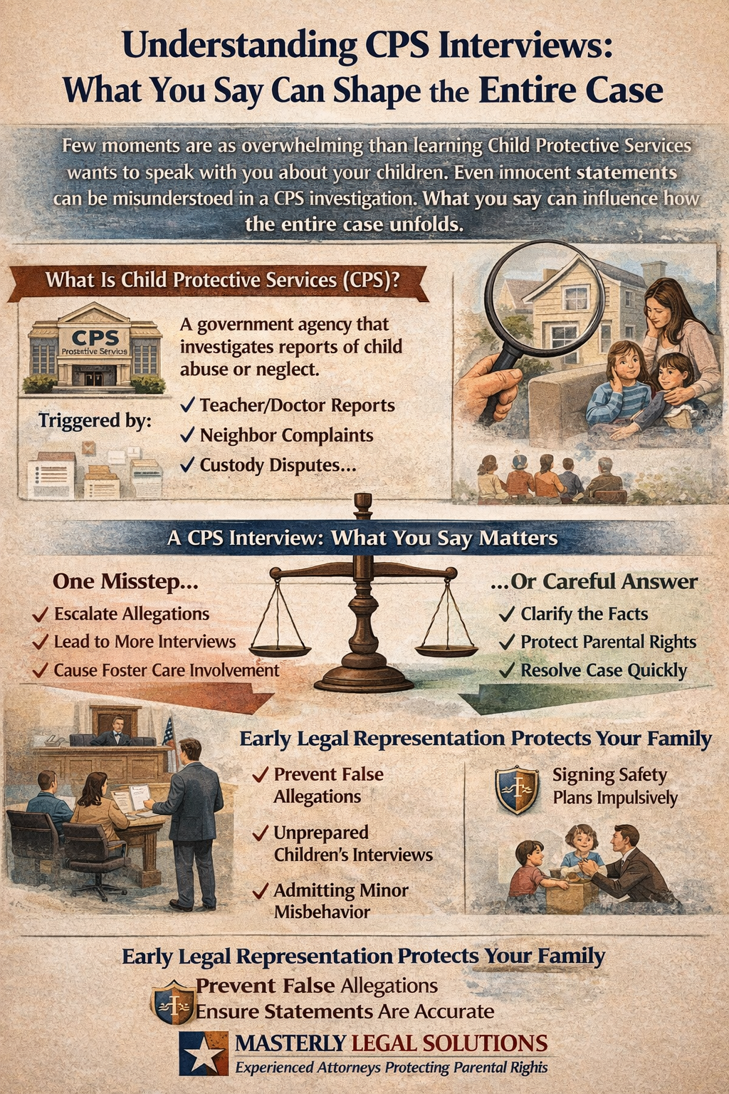 Understanding CPS Interviews: What You Say Can Shape the Entire Case.” The graphic explains how statements made during a Child Protective Services (CPS) interview can influence the outcome of an investigation. It defines CPS as a government agency that investigates reports of child abuse or neglect and lists common triggers such as teacher or doctor reports, neighbor complaints, and custody disputes. A central section titled “A CPS Interview: What You Say Matters” contrasts “One Misstep” (which can escalate allegations, lead to more interviews, or cause foster care involvement) with a “Careful Answer” (which can clarify facts, protect parental rights, and resolve the case quickly). Another section emphasizes that early legal representation protects families by preventing false allegations, ensuring accurate statements, avoiding unprepared children’s interviews, and preventing impulsive signing of safety plans. The footer reads “Masterly Legal Solutions – Experienced Attorneys Protecting Parental Rights.