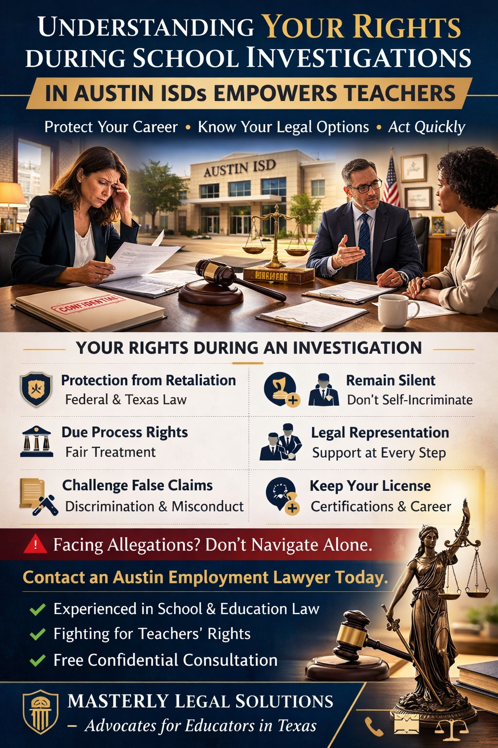 Understanding Your Rights During School Investigations in Austin ISDs Empowers Teachers.” The design features a concerned female teacher sitting at a desk reviewing documents labeled “Investigation,” with a gavel and scales of justice in the foreground. A classroom setting with a Texas flag appears in the background. The flyer lists key points such as knowing your legal protections, avoiding self-incrimination, documenting everything, reporting retaliation, and seeking legal guidance early. At the bottom, it highlights Masterly Legal Solutions supporting Austin educators.