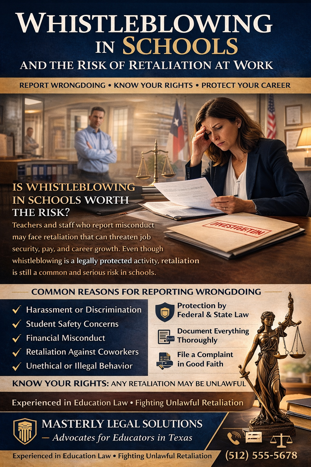 Whistleblowing in Schools and the Risk of Retaliation at Work.” The design features a concerned female teacher reviewing documents at her desk, with a file labeled “Investigation” in front of her and a male administrator standing in the background. Legal imagery, including scales of justice and a statue of Lady Justice, appears on the right side. The poster lists common reasons for reporting wrongdoing, such as harassment, discrimination, student safety concerns, financial misconduct, and unethical behavior, along with reminders to document everything and file complaints in good faith. At the bottom, it promotes Masterly Legal Solutions as advocates for educators in Texas, with a contact phone number displayed.