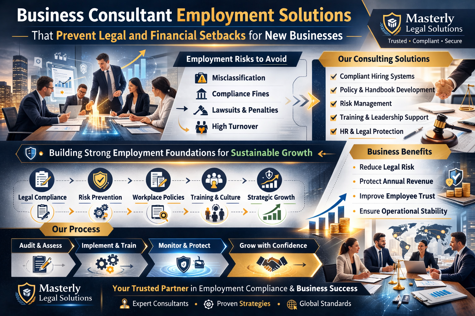 Business Consultant Employment Solutions That Prevent Legal and Financial Setbacks for New Businesses.” The design features business professionals meeting in a modern office, a handshake over legal documents, and visual icons representing compliance and risk management. Sections highlight common risks such as hiring mistakes, compliance violations, wage disputes, legal penalties, and financial losses. Solutions listed include compliant hiring and contracts, policy and handbook development, risk management, HR training and audits, and workplace safety and culture. Additional panels emphasize legal compliance, risk management, employee engagement, and business growth, with messaging focused on protecting revenue, avoiding lawsuits, and building strong foundations for sustainable growth. The footer includes the Masterly Legal Solutions logo and the tagline “Minimize Risk. Maximize Success.