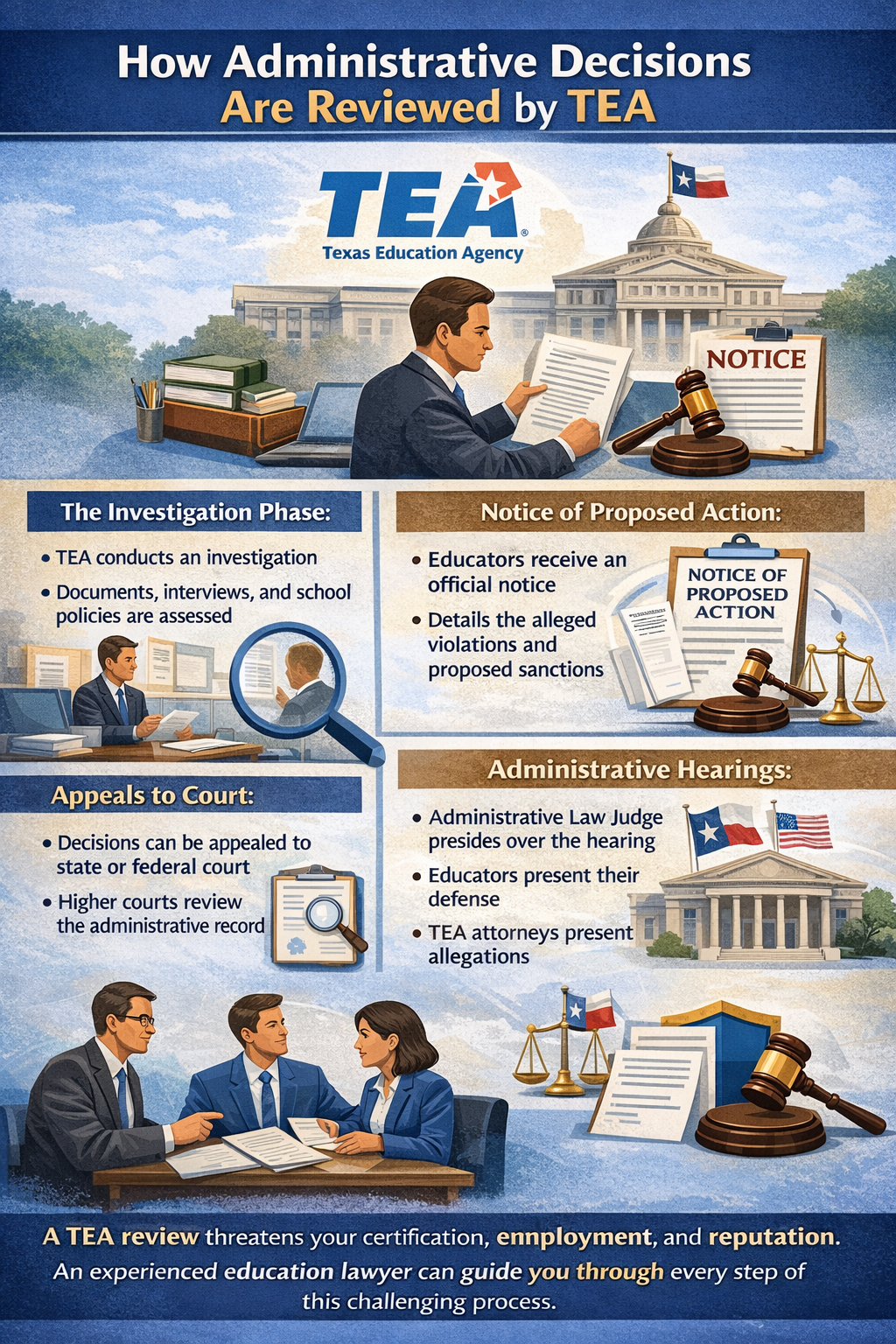 How Administrative Decisions Are Reviewed by TEA.” The graphic outlines the Texas Education Agency review process for educators and schools. It shows stages including the investigation phase (reviewing documents, interviews, and school policies), notice of proposed action (formal notice of alleged violations and potential sanctions), administrative hearings before a judge where both sides present evidence, and appeals to state or federal court. Visual elements include the Texas Education Agency name and logo, a government building with Texas and U.S. flags, a gavel, scales of justice, official notices, and attorneys meeting with an educator. The infographic emphasizes that a TEA review can impact certification, employment, and reputation, and highlights the importance of experienced education law representation.