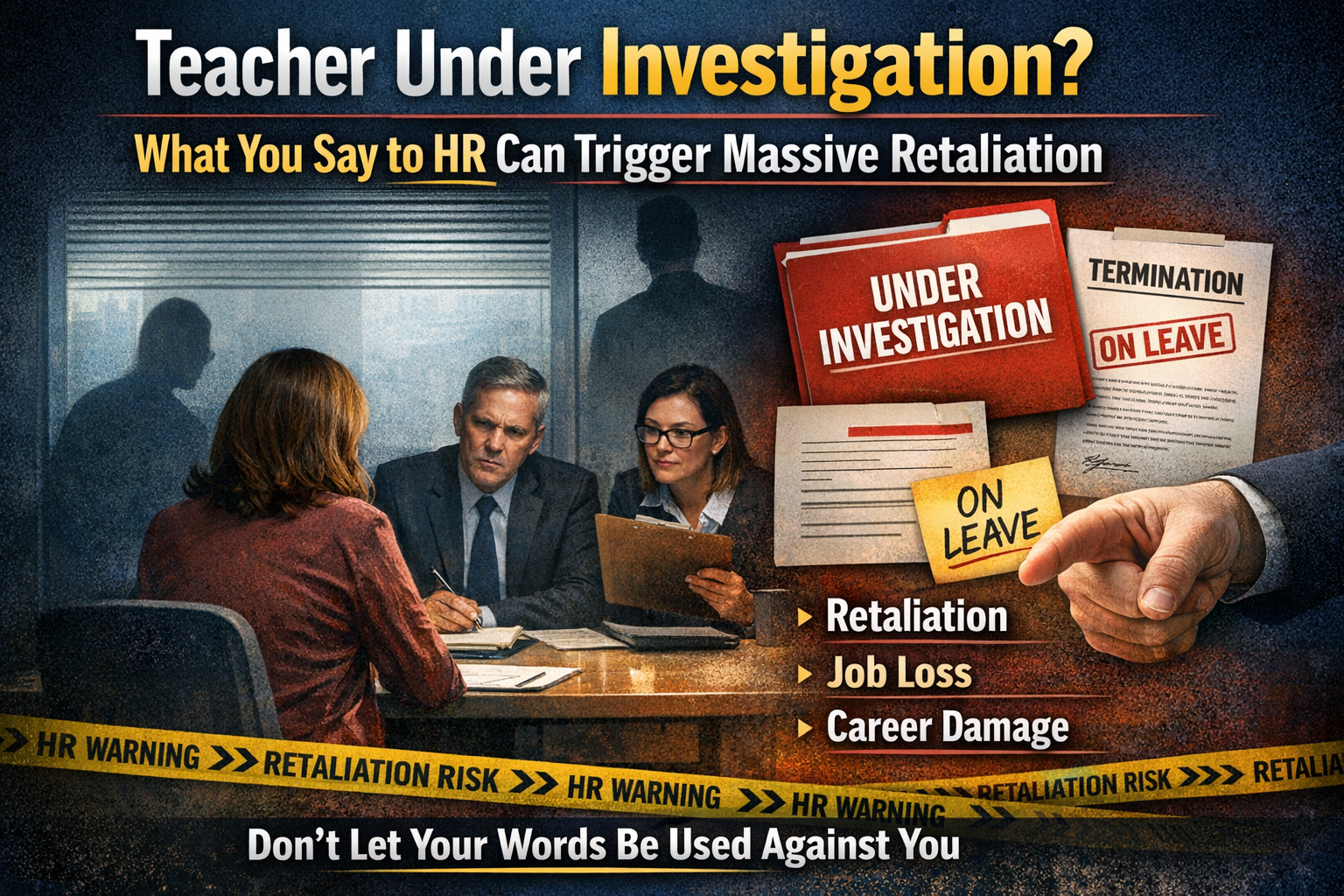 Teacher Under Investigation? What You Say to HR Can Trigger Massive Retaliation.” Nearby, documents labeled “Under Investigation” and “Termination” appear beside an “On Leave” note, with bullet points warning of retaliation, job loss, and career damage, and a footer stating “Don’t Let Your Words Be Used Against You.