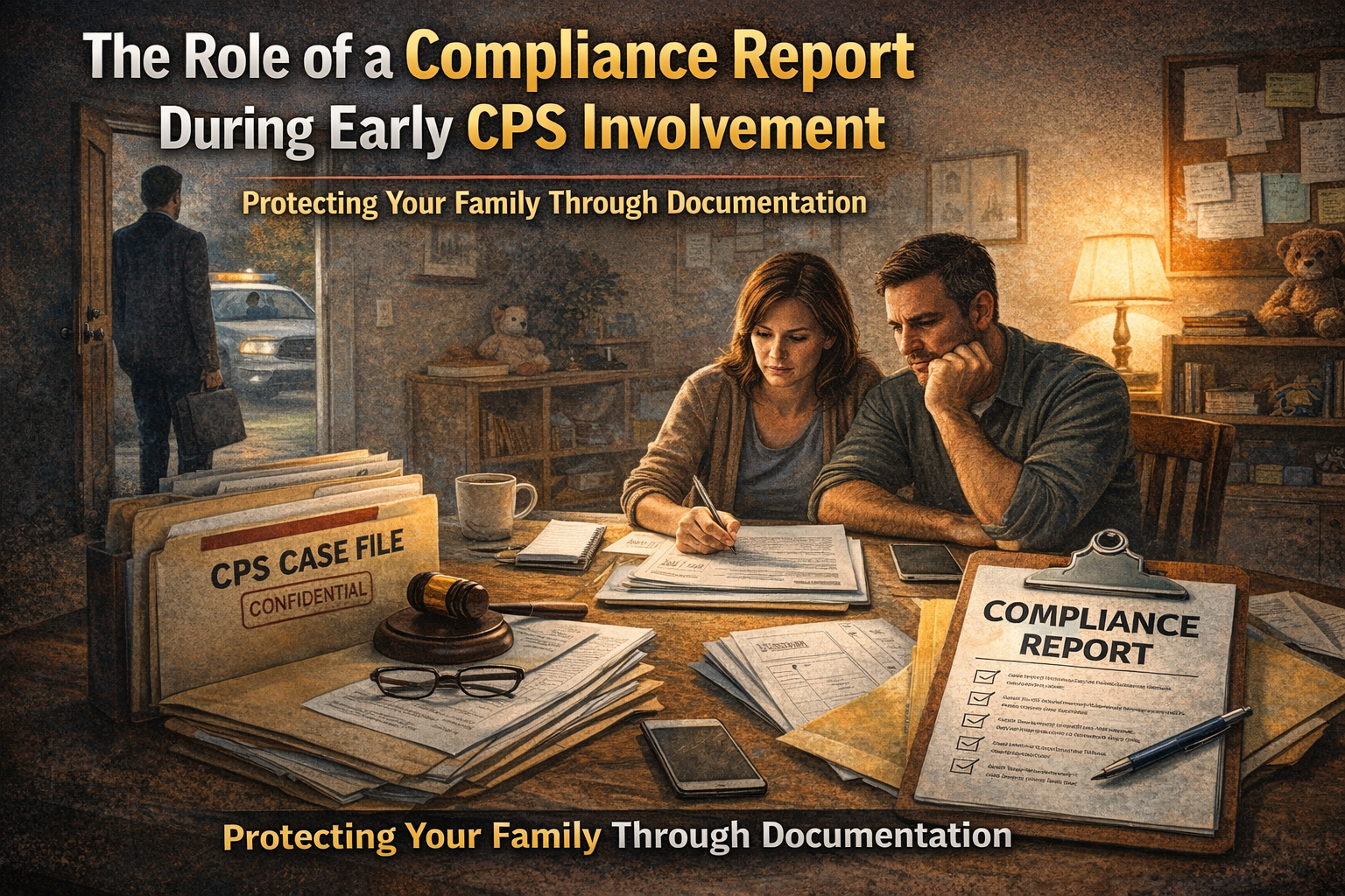 Compliance Report” beside stacks of confidential CPS case files, legal paperwork, and a gavel, while a CPS investigator stands at the open front door with a vehicle visible outside. Large headline text reads “The Role of a Compliance Report During Early CPS Involvement” with a subheading emphasizing protecting your family through documentation.