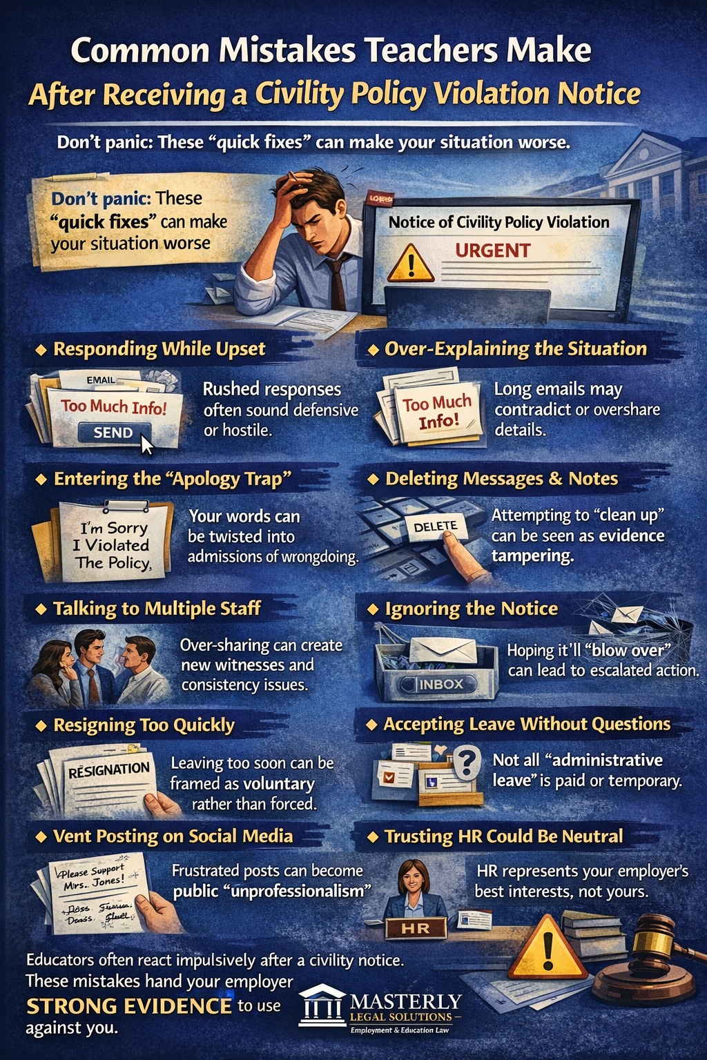 Common Mistakes Teachers Make After Receiving a Civility Policy Violation Notice.” A stressed teacher sits at a desk next to a laptop showing an “URGENT” civility notice. The graphic warns, “Don’t panic: These ‘quick fixes’ can make your situation worse,” and lists common mistakes: responding while upset, over-explaining the situation, entering the “apology trap,” deleting messages and notes, talking to multiple staff, ignoring the notice, resigning too quickly, accepting leave without questions, vent posting on social media, and trusting HR to be neutral. It emphasizes that impulsive reactions can create “strong evidence” against the educator and includes the Masterly Legal Solutions logo.