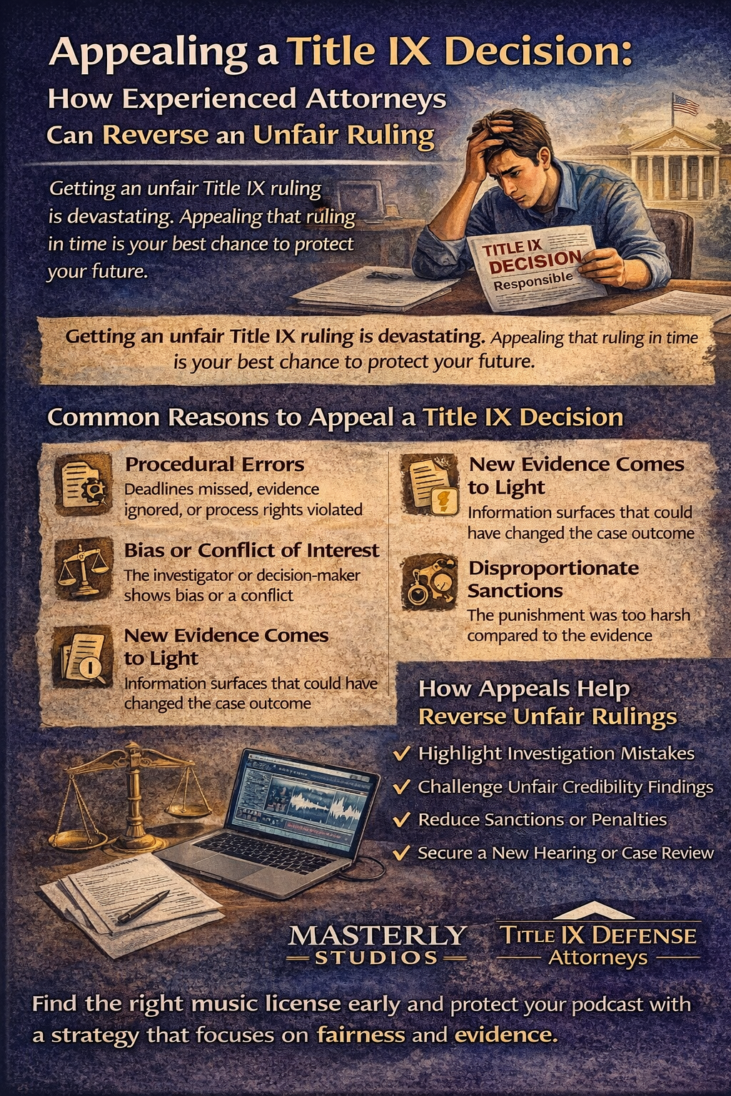 Appealing a Title IX Decision: How Experienced Attorneys Can Reverse an Unfair Ruling.” A stressed student sits at a desk holding a paper labeled “Title IX Decision: Responsible,” with a campus building in the background. The infographic explains that appealing an unfair ruling quickly may be the best chance to protect your future. A section titled “Common Reasons to Appeal a Title IX Decision” lists procedural errors, bias or conflict of interest, new evidence coming to light, and disproportionate sanctions. Another section titled “How Appeals Help Reverse Unfair Rulings” highlights strategies such as identifying investigation mistakes, challenging unfair credibility findings, reducing sanctions, and securing a new hearing or case review. Masterly branding and Title IX defense messaging appear at the bottom.