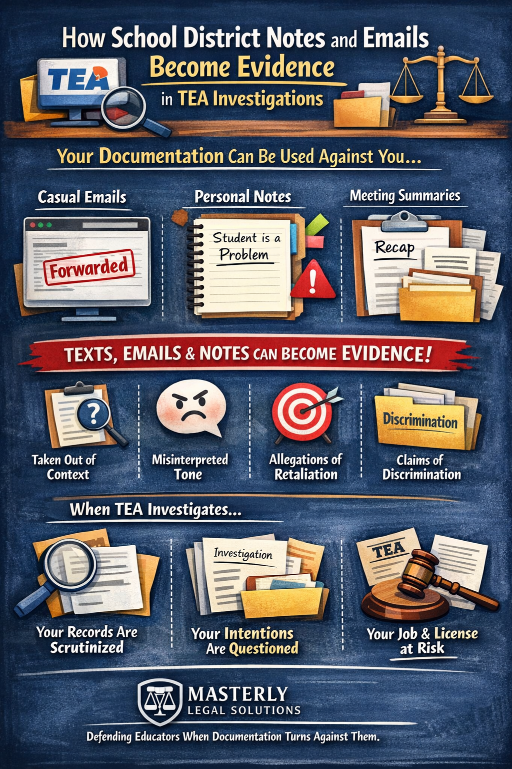 How School District Notes and Emails Become Evidence in TEA Investigations.” It warns educators that documentation can be used against them and highlights three sources: casual emails (marked “Forwarded”), personal notes (example: “Student is a Problem”), and meeting summaries (“Recap”). It lists risks such as being taken out of context, misinterpreted tone, allegations of retaliation, and claims of discrimination. The bottom section states that during TEA investigations, records are scrutinized, intentions are questioned, and a teacher’s job and license may be at risk. Masterly Legal Solutions logo appears with the tagline, “Defending Educators When Documentation Turns Against Them.