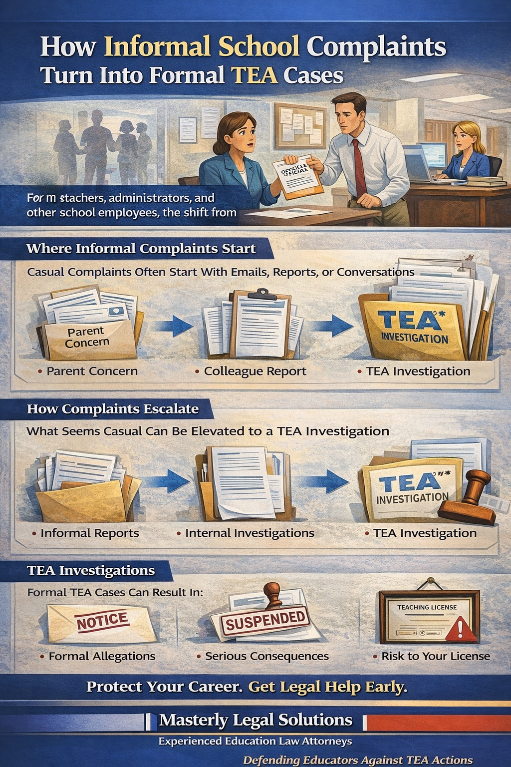 How Informal School Complaints Turn Into Formal TEA Cases’ showing teachers and school administrators in an office setting as documents move from casual parent or colleague concerns to internal school investigations and then to a formal Texas Education Agency investigation. The graphic explains how informal reports, emails, and conversations can escalate into formal allegations, administrative action, suspension, and potential risk to a teaching license, emphasizing the importance of early legal guidance. Branded by Masterly Legal Solutions.