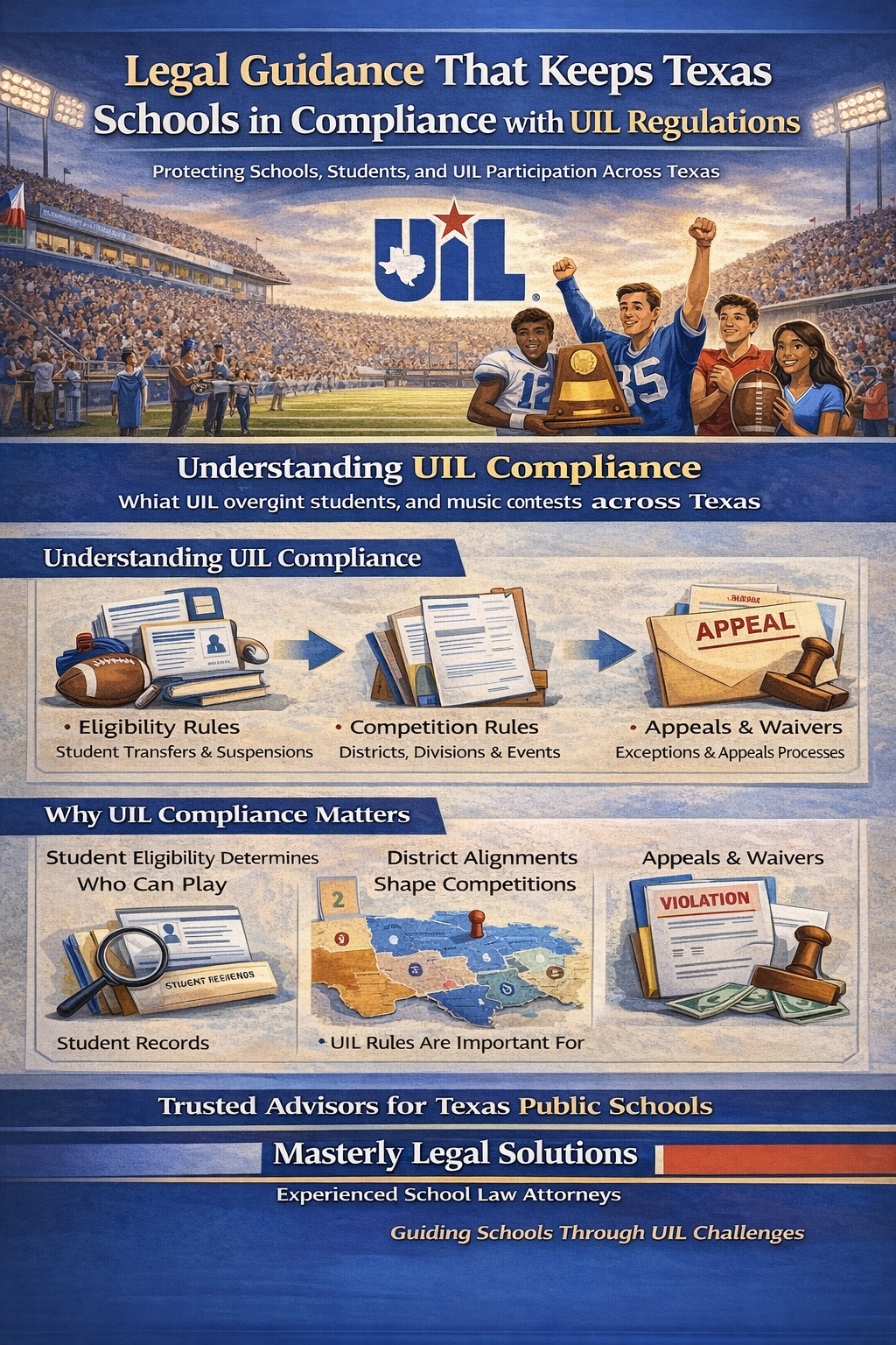 UIL is the University Interscholastic League, the organization that governs Texas public school sports, academic competitions, and fine arts programs.