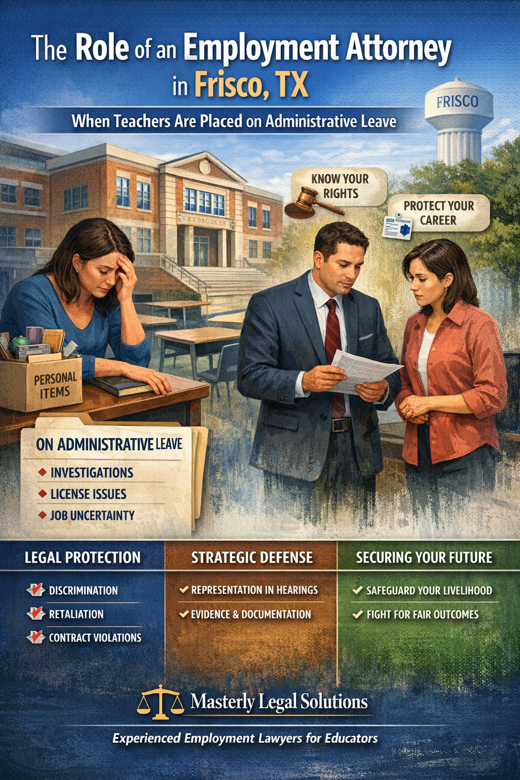 Employment attorney in Frisco TX advising a teacher placed on administrative leave, illustrating legal protection, investigations, license issues, and career defense for educators.