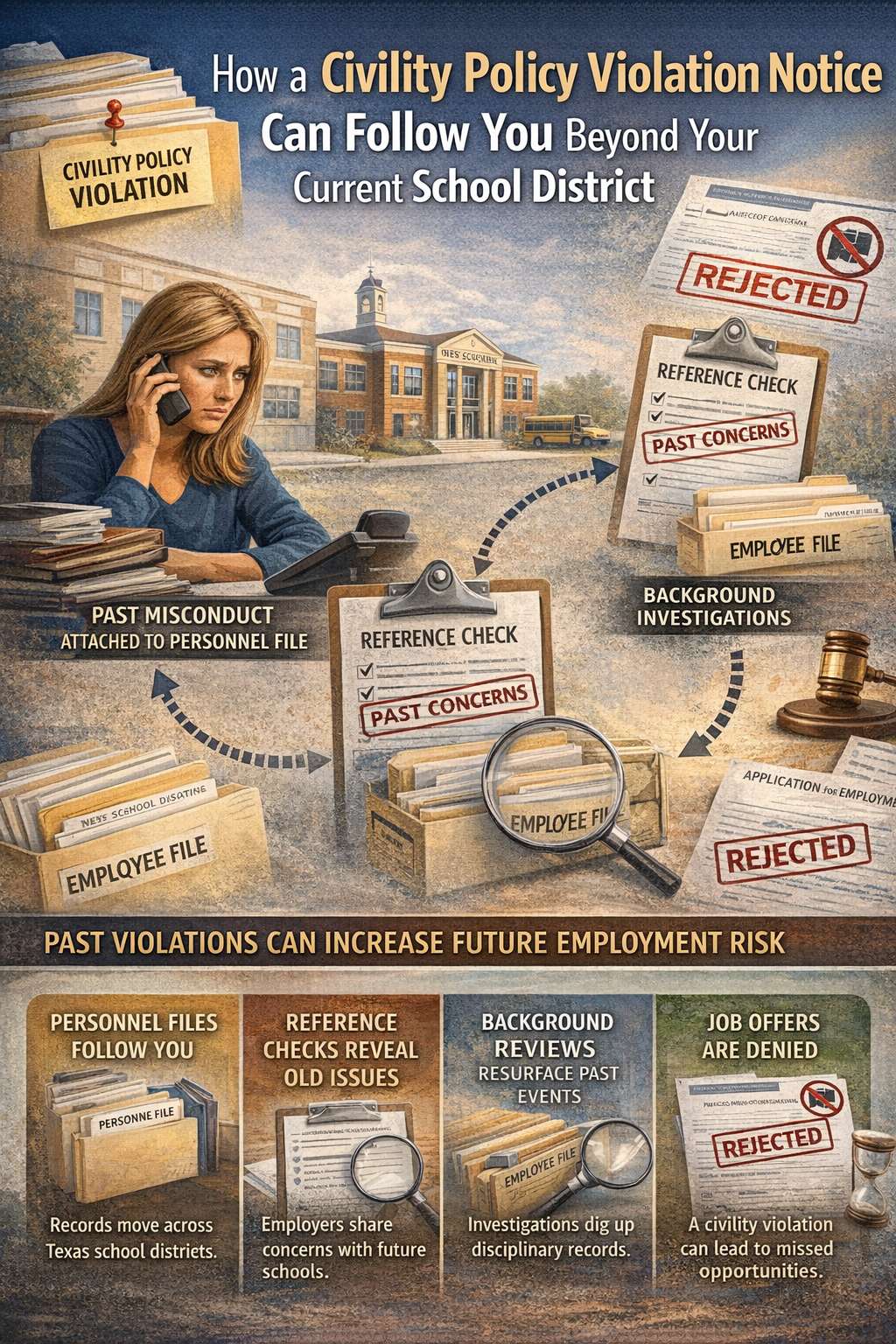 Teacher reviewing personnel files as a civility policy violation follows her beyond a school district, showing reference checks, background investigations, and denied job applications.