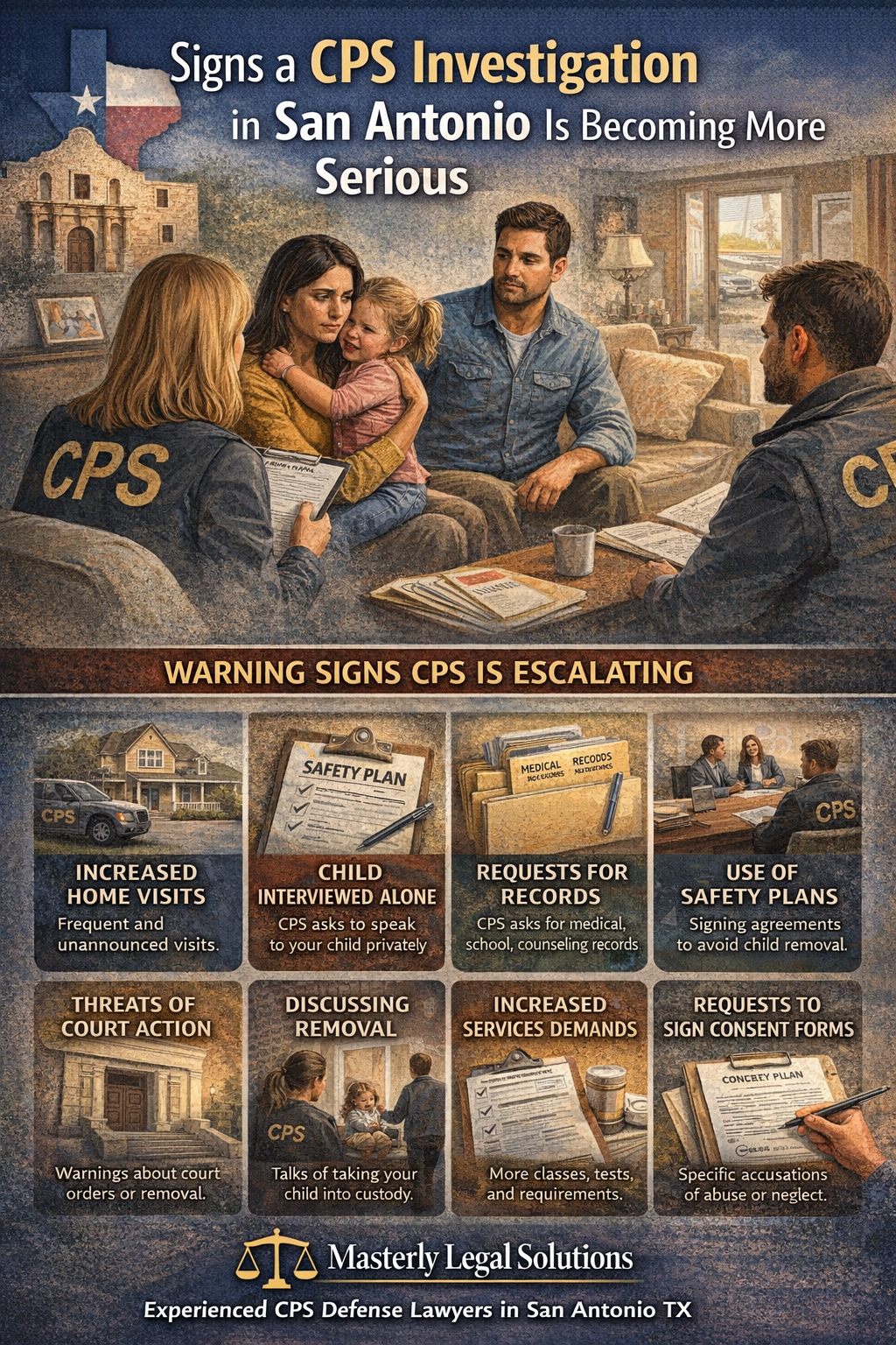 CPS investigators meeting with concerned parents in San Antonio, illustrating warning signs of a serious CPS investigation such as increased home visits, child interviews, safety plans, and court involvement.