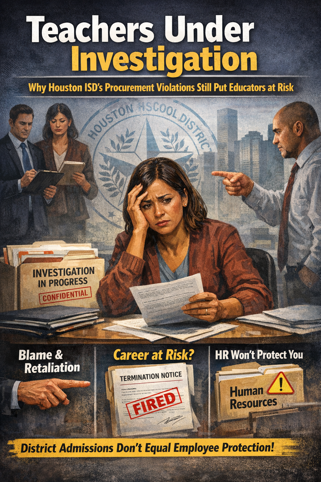 eacher under investigation during a school district procurement probe, highlighting employment risk, retaliation concerns, and lack of protection for educators.