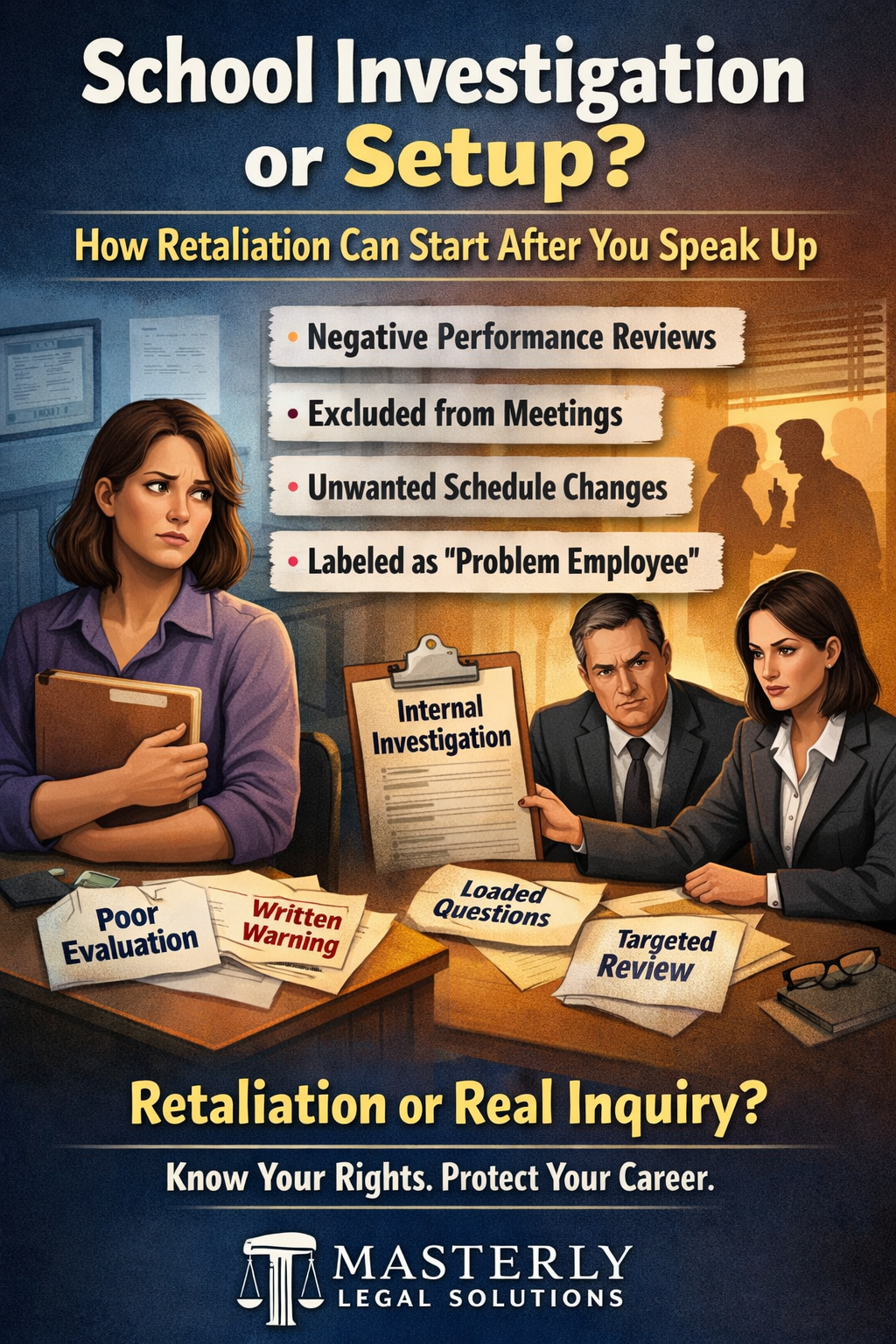 Illustration of a teacher holding documents while school administrators conduct a tense internal investigation, highlighting workplace retaliation after speaking up.