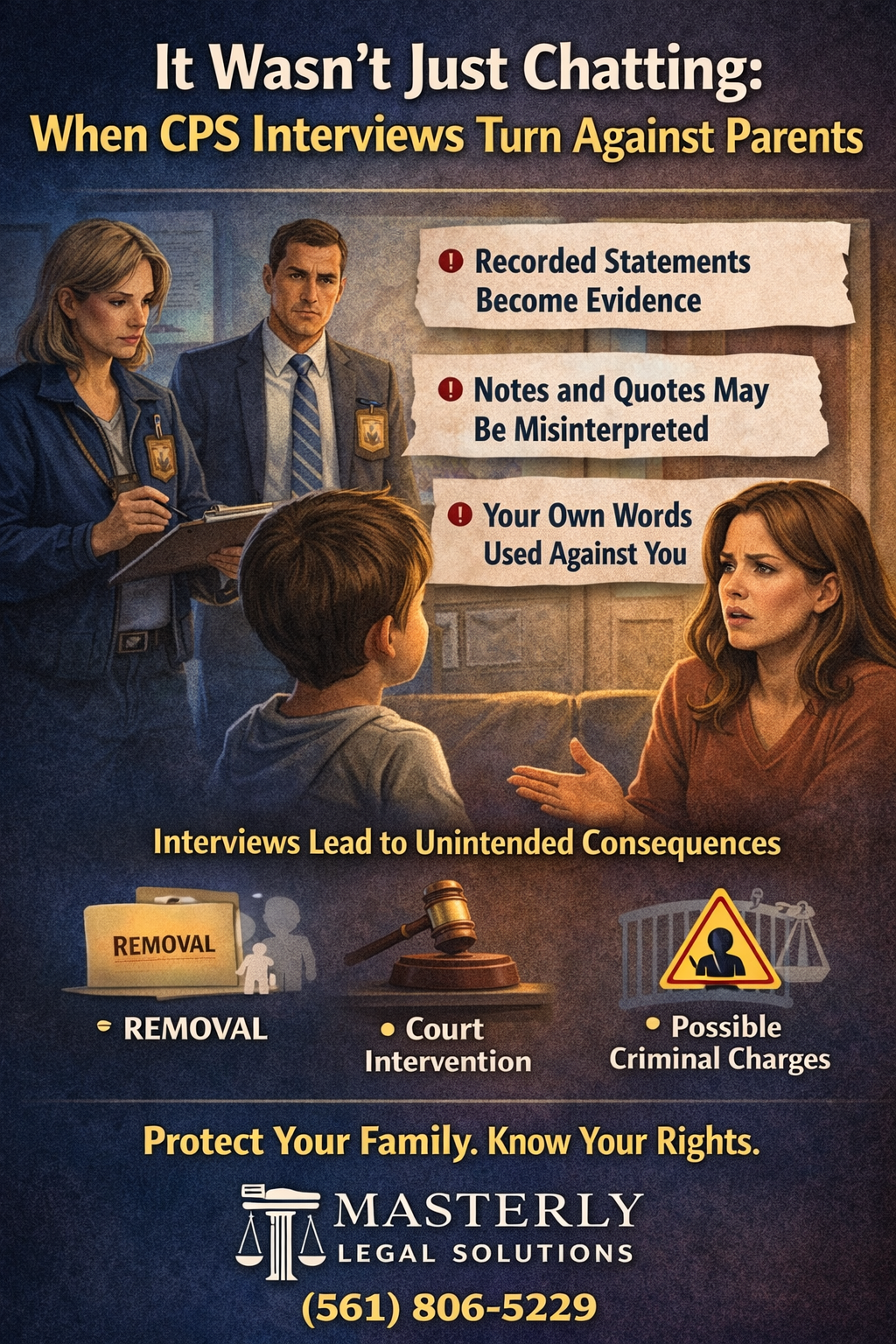 Digital illustration of a CPS interview showing a parent and child speaking with child protective services investigators, with warning messages about recorded statements being used as evidence.