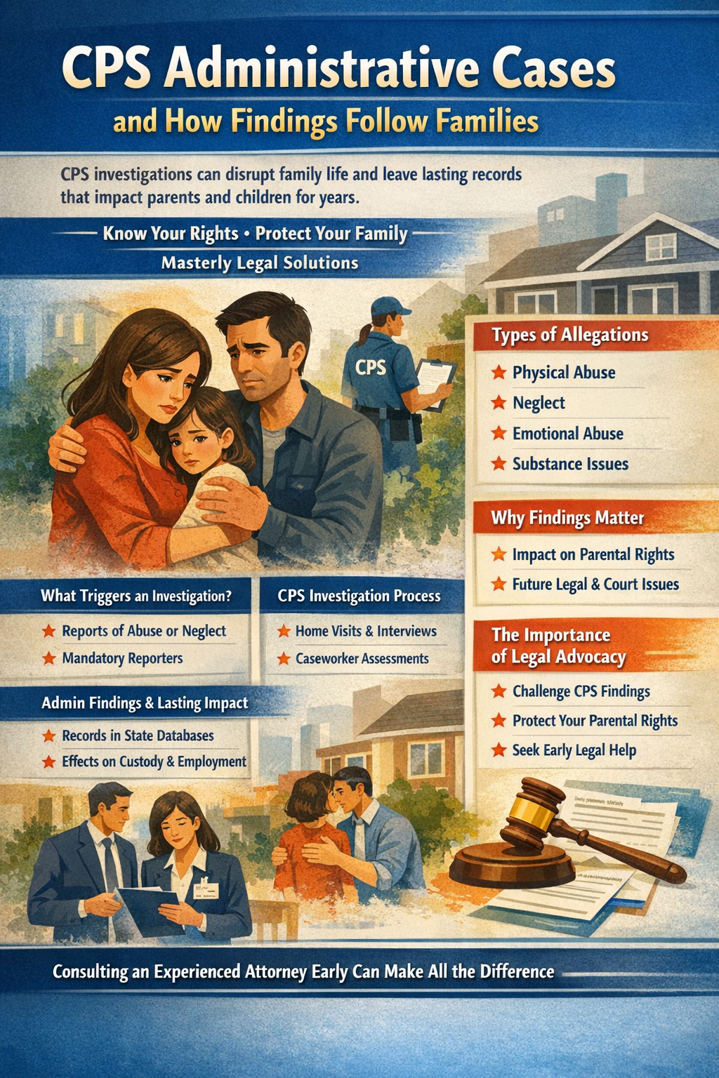 CPS Administrative Cases and How Findings Follow Families” by Masterly Legal Solutions, showing a concerned family with a child, a CPS caseworker conducting an investigation, and icons illustrating abuse and neglect allegations, CPS investigation steps, administrative findings, and the long-term impact on parental rights, custody, and future legal proceedings, emphasizing the importance of early legal advocacy.