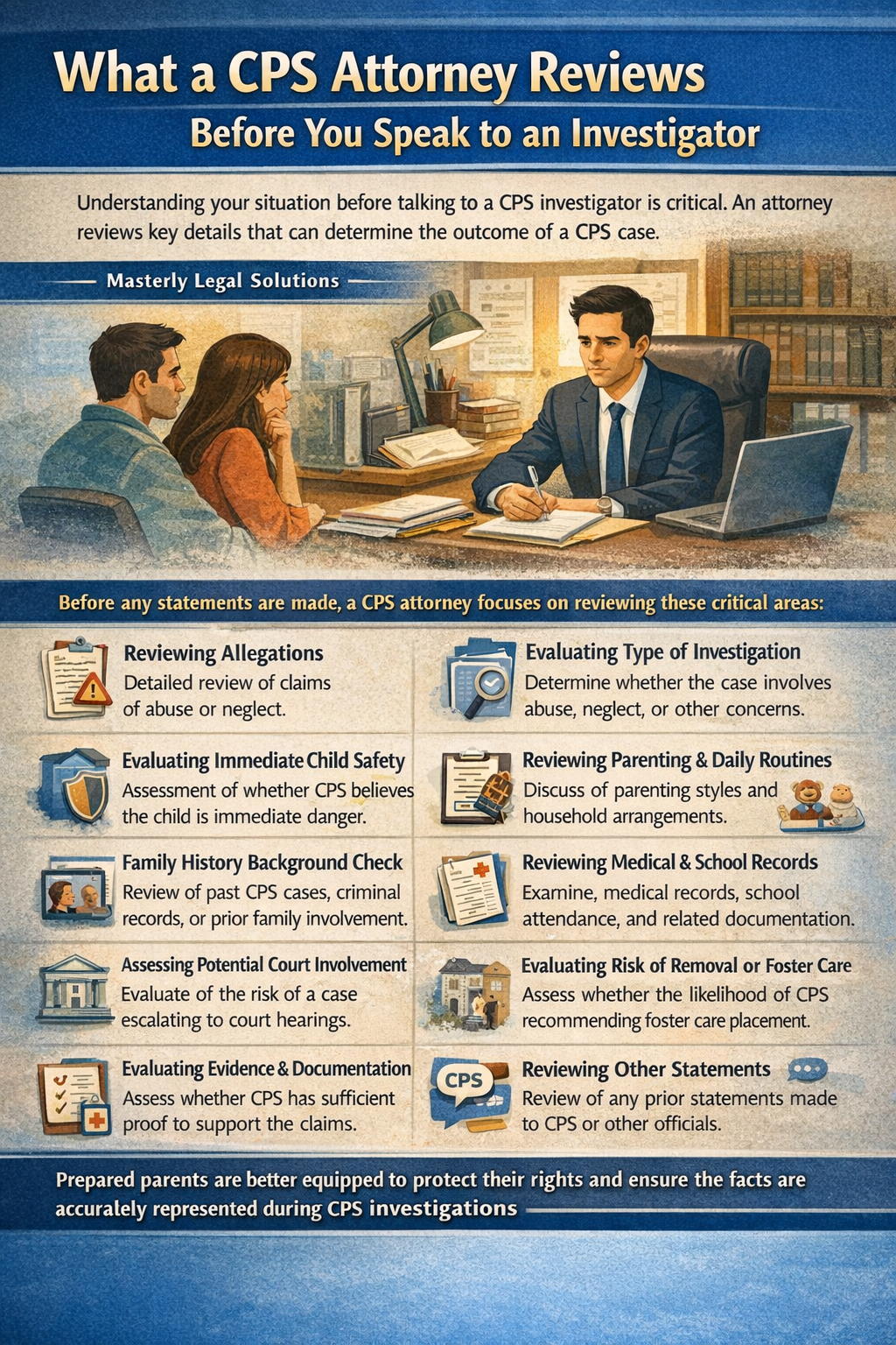 What a CPS Attorney Reviews Before You Speak to an Investigator” by Masterly Legal Solutions, depicting a worried family meeting with an attorney and visual sections explaining how a CPS defense lawyer reviews allegations, child safety concerns, investigation type, family history, medical and school records, potential court involvement, and risks of removal or foster care before parents speak with a CPS investigator.