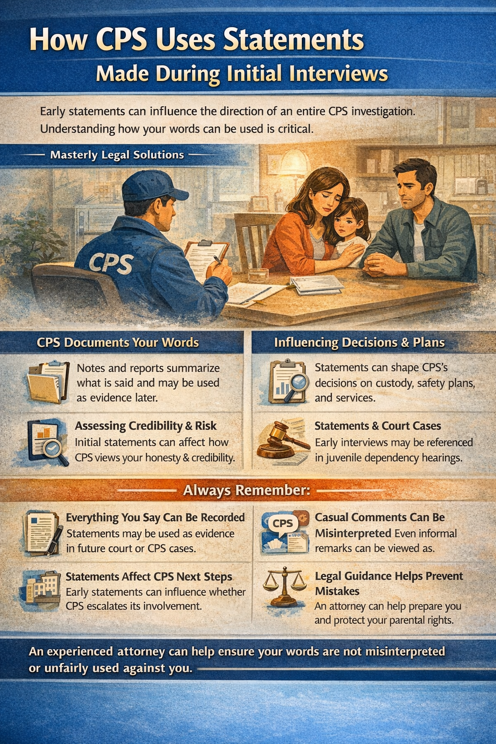 How CPS Uses Statements Made During Initial Interviews” by Masterly Legal Solutions, illustrating a CPS caseworker interviewing parents and a child at a table, with visual sections explaining how CPS documents interview statements, assesses credibility and risk, uses statements as evidence, influences safety plans and custody decisions, and may reference early statements in court or juvenile dependency proceedings, emphasizing the importance of legal guidance before speaking with CPS.