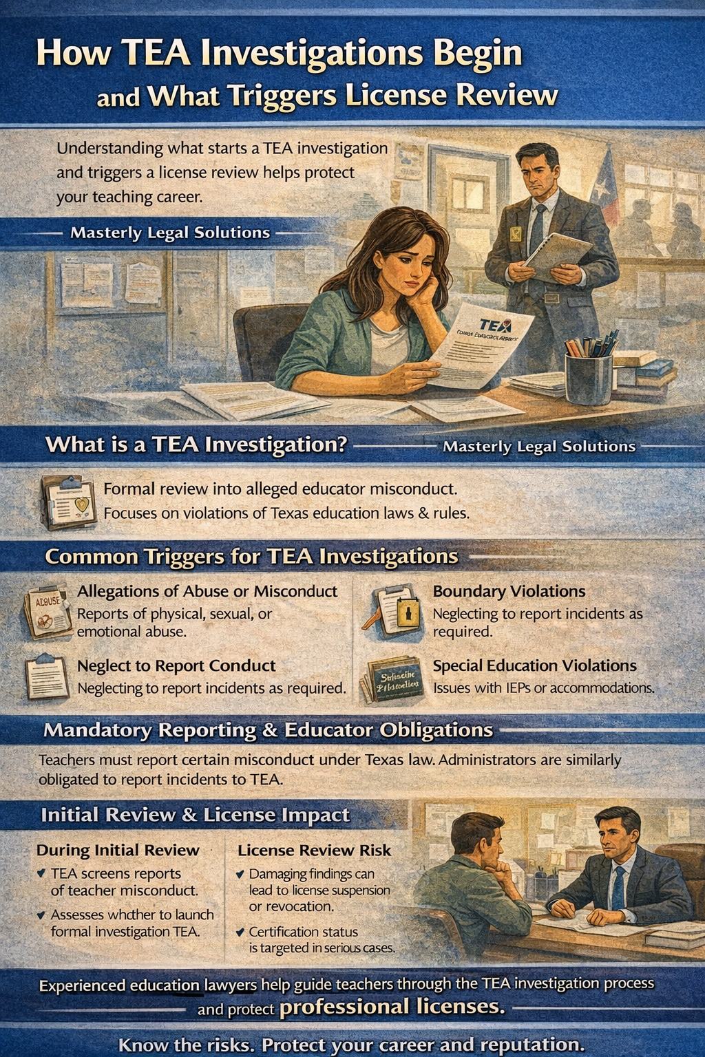 How TEA Investigations Begin and What Triggers License Review” by Masterly Legal Solutions, depicting a concerned teacher reviewing a notice while an investigator observes, with visual sections explaining the Texas Education Agency’s role, what a TEA investigation is, common triggers such as abuse allegations, boundary violations, failure to report, and special education issues, as well as how initial reviews can lead to educator license suspension or revocation.