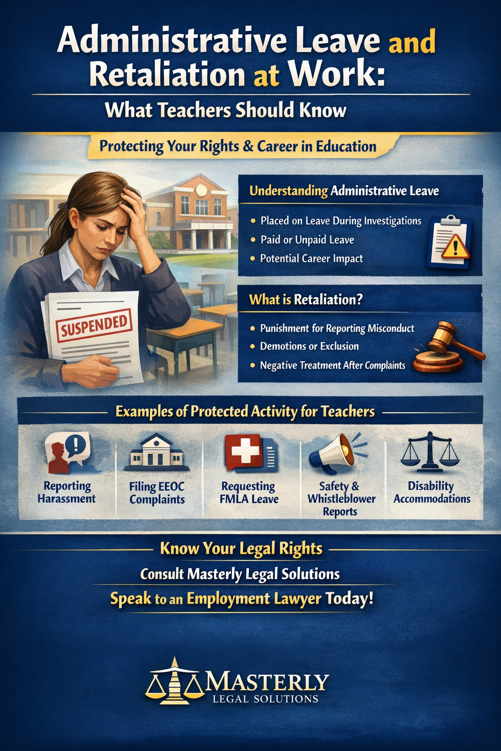 Informational graphic titled “Administrative Leave and Retaliation at Work: What Teachers Should Know” by Masterly Legal Solutions, featuring an illustrated distressed teacher holding a suspension notice in a classroom setting. The graphic explains administrative leave, retaliation, and examples of protected activities for teachers, including reporting harassment, filing EEOC complaints, requesting FMLA leave, whistleblower reports, and disability accommodations, with icons, legal symbols, and a call to consult an employment lawyer.