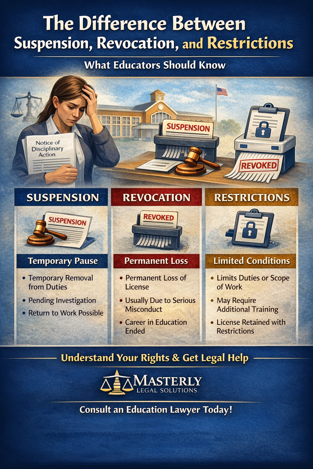 The Difference Between Suspension, Revocation, and Restrictions: What Educators Should Know” by Masterly Legal Solutions, showing a concerned teacher holding a notice of disciplinary action in a school setting. The graphic compares suspension (temporary removal from duties), revocation (permanent loss of an educator license), and restrictions (limited conditions on work), using legal icons, document imagery, and a call to consult an education lawyer.