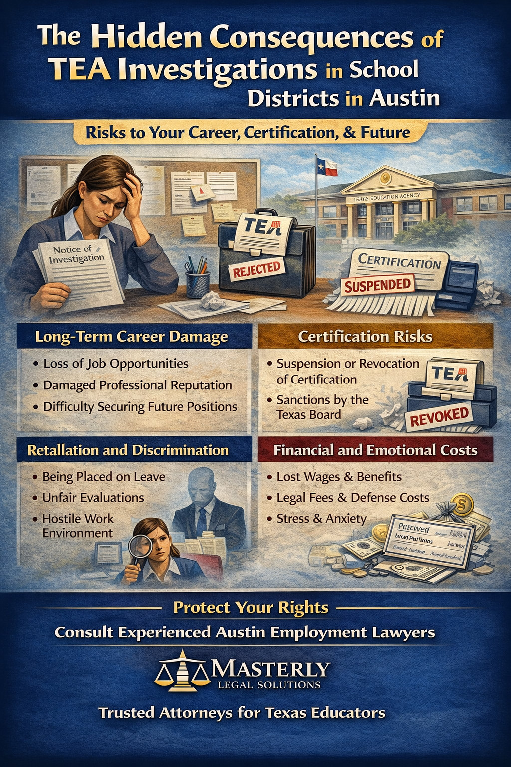 The Hidden Consequences of TEA Investigations in School Districts in Austin” by Masterly Legal Solutions, depicting a stressed teacher reviewing a notice of investigation alongside imagery of the Texas Education Agency building. The graphic outlines long-term career damage, certification risks, retaliation and discrimination, and financial and emotional costs for educators, with icons showing revoked certification, workplace scrutiny, and lost wages, and a call to consult experienced Austin employment lawyers.