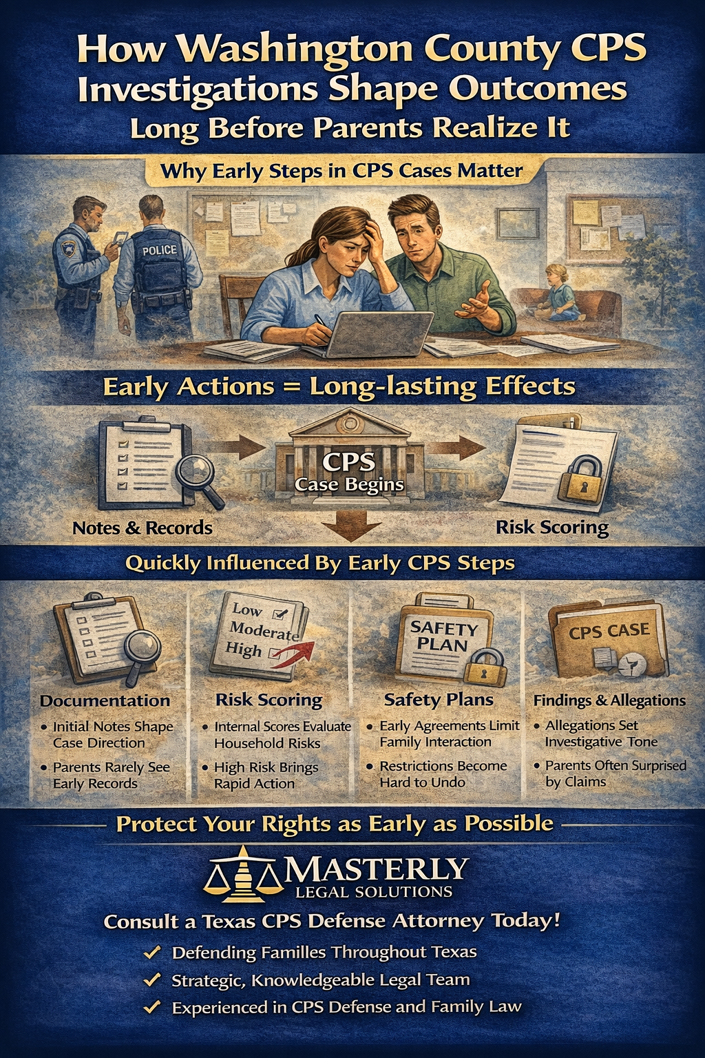How Washington County CPS Investigations Shape Outcomes Long Before Parents Realize It” by Masterly Legal Solutions, showing worried parents reviewing documents while CPS and law enforcement imagery appears in the background. The graphic explains how early CPS actions—such as documentation, risk scoring, safety plans, and initial findings—can influence long-term case outcomes, and emphasizes the importance of early CPS defense by a Texas attorney.