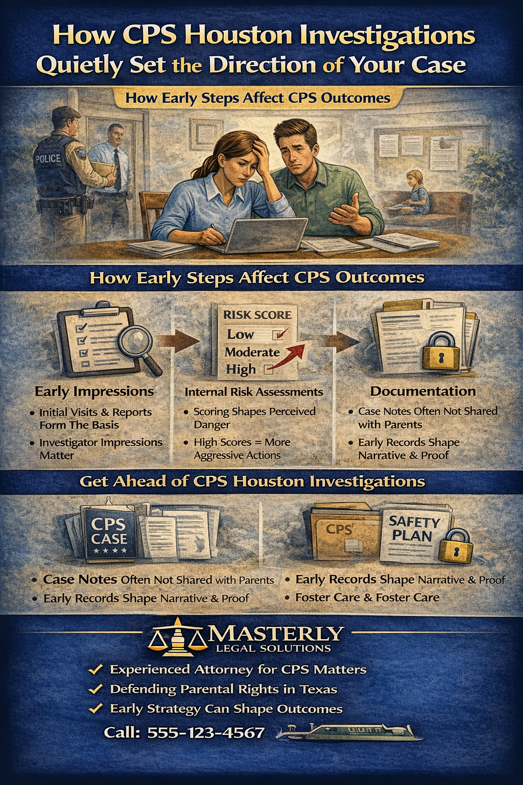 How CPS Houston Investigations Quietly Set the Direction of Your Case” by Masterly Legal Solutions, illustrating worried parents reviewing documents while CPS and law enforcement imagery appears in the background. The graphic explains how early CPS actions in Houston—such as first impressions, internal risk assessments, documentation, and safety plans—shape case outcomes, and encourages parents to seek early guidance from a CPS defense attorney.