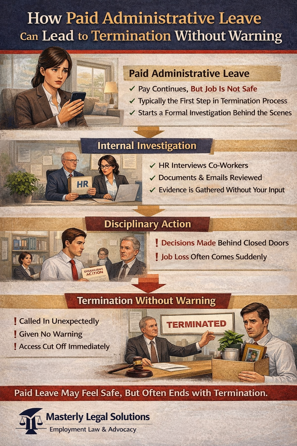 Infographic illustrating how paid administrative leave can lead to termination without warning, showing stages from paid leave to internal investigation, disciplinary action, and sudden termination, with emphasis on behind-the-scenes HR decisions, evidence gathering, loss of job security, and risks for employees, presented by Masterly Legal Solutions.