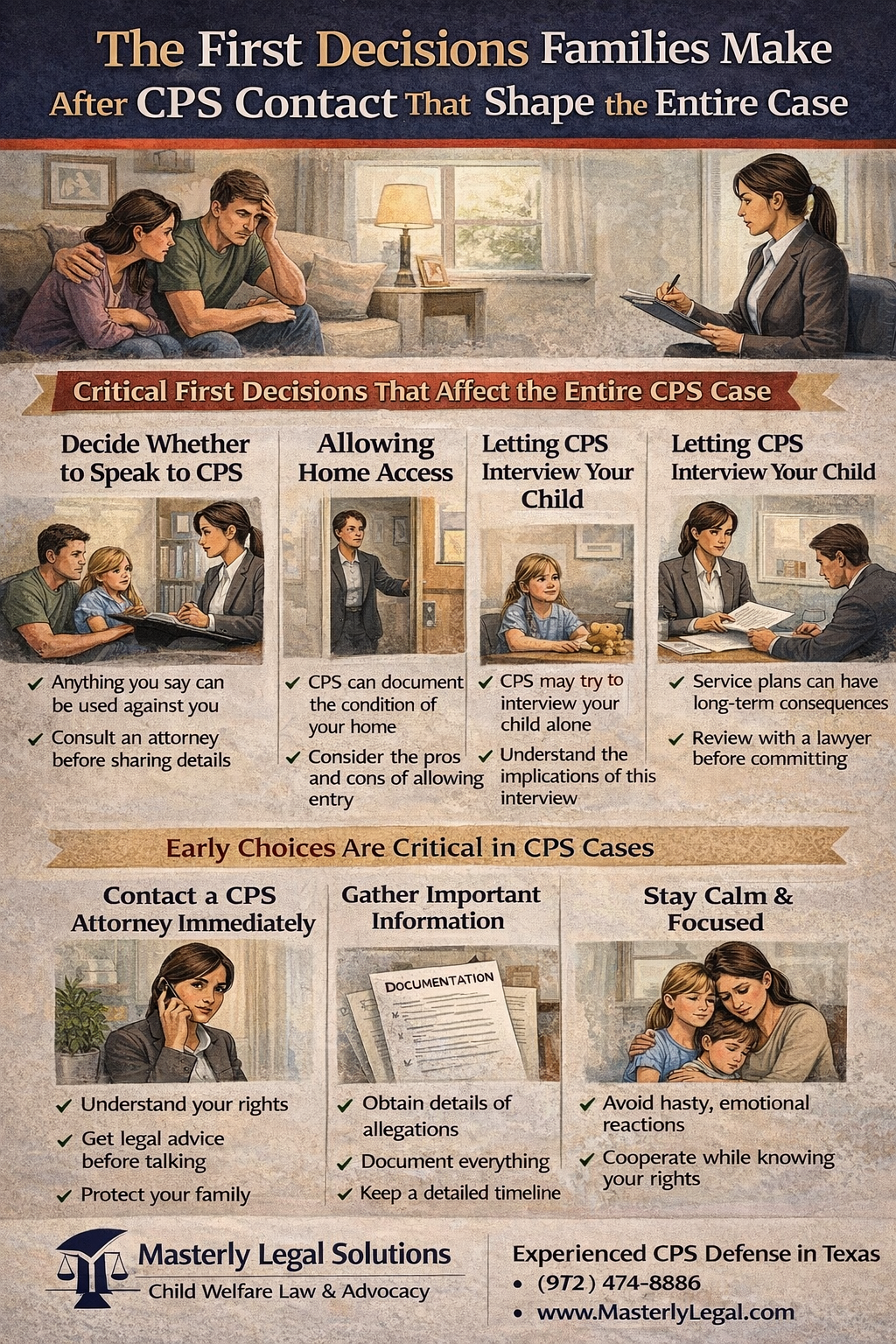 Infographic showing the first decisions families make after contact from Child Protective Services, including whether to speak with CPS, allow home access, permit child interviews, and agree to service plans, emphasizing how early choices can shape the entire CPS case and the importance of legal guidance from Masterly Legal Solutions.