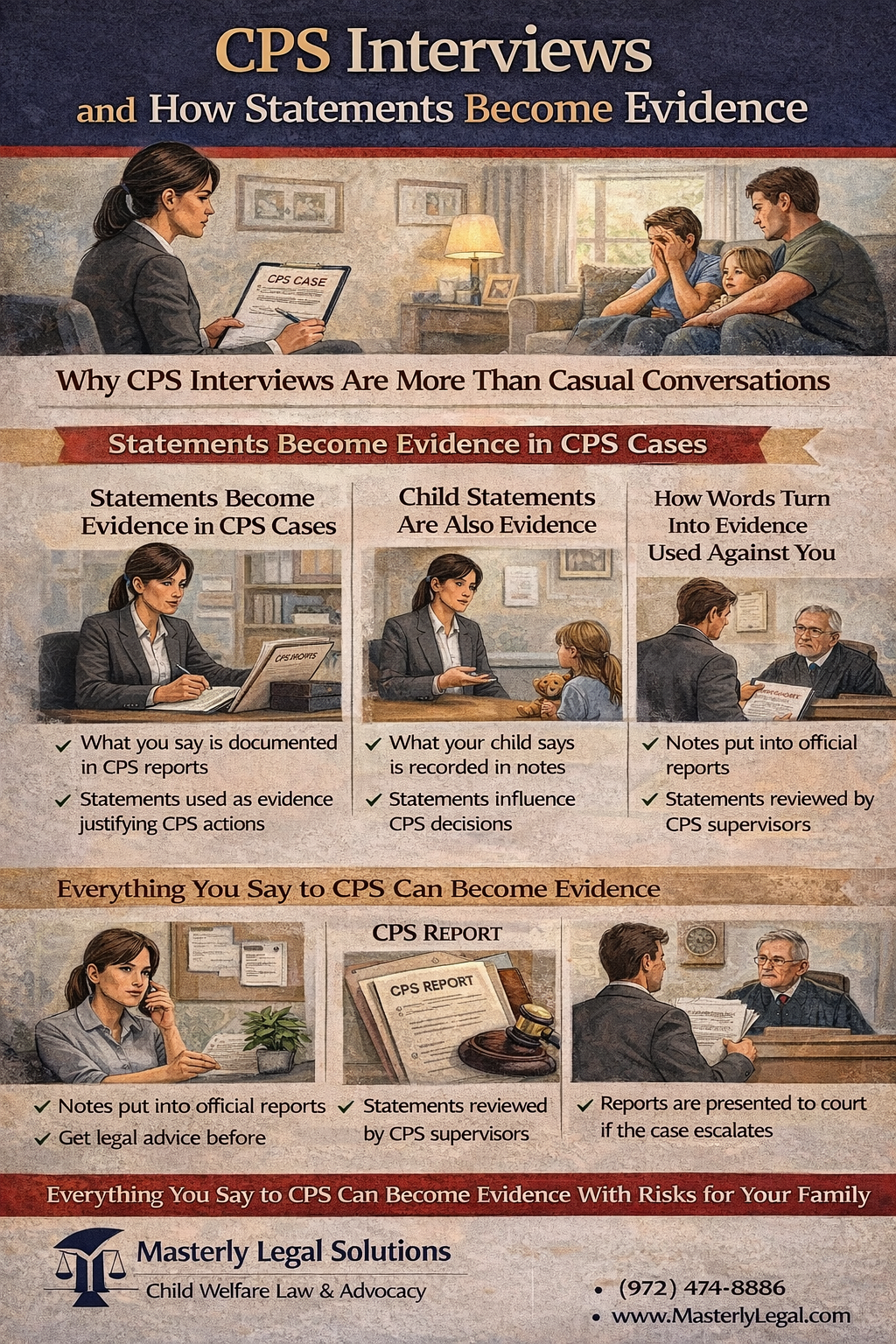 Infographic explaining how CPS interviews turn statements into evidence, showing parents and children speaking with a CPS caseworker, how statements are documented in reports, reviewed by supervisors, and used to justify CPS actions or court involvement, emphasizing the importance of legal guidance from Masterly Legal Solutions.