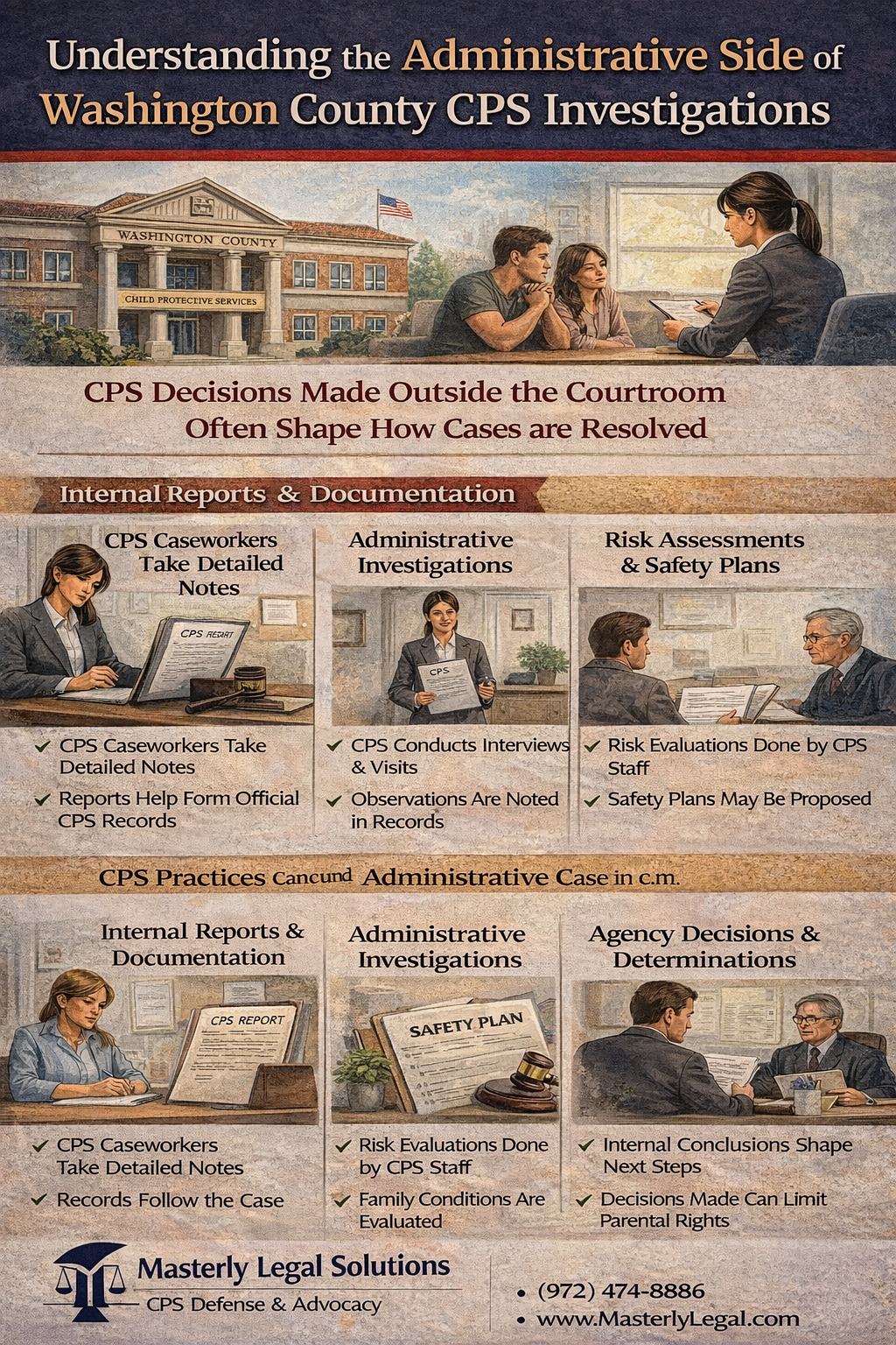 Understanding the Administrative Side of Washington County CPS Investigations
When families hear that Child Protective Services is involved, many assume the matter will immediately end up in a courtroom. In reality, most CPS cases are shaped long before a judge ever sees them. Decisions are often made administratively, through internal reviews, reports, and agency determinations that happen quietly and quickly. At Masterly Legal Solutions, we help families understand how the administrative side of CPS investigations works and why early action matters.
CPS investigations can feel overwhelming because much of the process happens behind the scenes. Parents may not realize how much influence interviews, reports, and internal assessments carry. Understanding this side of the process gives families the ability to respond thoughtfully instead of reactively. Knowledge is often the strongest form of protection.
What CPS Investigations Look Like Outside the Courtroom
Most CPS investigations begin and progress outside formal court proceedings. The CPS investigation process relies heavily on internal decision-making, documentation, and agency standards. These administrative steps often determine whether court intervention will even occur.
During this phase, CPS gathers information, evaluates risk, and decides how to proceed. Families who assume nothing is happening because there are no court hearings are often mistaken.
The Role of Child Protective Services in Administrative Decisions
Child protective services operates as a government agency with authority to investigate allegations involving children. The agency’s stated mission is ensuring child safety, but how that goal is pursued depends on administrative judgment. Protective services use internal guidelines to assess child abuse, neglect, and safety concerns.
These determinations influence whether a case closes, remains open, or escalates. Administrative conclusions often shape the future of the family’s case.
How CPS Determines Risk Without Court Involvement
CPS determines risk using reports, interviews, and observations. CPS caseworkers document conditions in the home, family dynamics, and explanations provided by parents. These notes become part of the official record.
Even without a court order, CPS may recommend services, supervision, or restrictions. Families should understand that these decisions carry weight even when no judge is involved.
Investigating Reports and Intake Decisions
Every CPS investigation starts with investigating reports made to the agency. These reports may involve alleged abuse or neglect, domestic violence, or physical injuries. CPS does not require proof at this stage, only sufficient concern to justify review.
Administrative intake decisions decide how quickly CPS responds and how serious the case is treated. This initial evaluation can set the tone for the entire investigation.
The Importance of CPS Caseworkers
A CPS caseworker plays a central role in administrative investigations. Caseworkers gather facts, conduct interviews, and prepare reports that supervisors rely on. Their impressions often guide agency decisions.
While CPS workers may appear supportive, their primary responsibility is reporting findings to the department. Families should remember that everything shared may be documented.
CPS Interviews and Administrative Evidence
Interviews are one of the main tools CPS uses outside the courtroom. Statements from parents, children, and relatives are summarized in reports. These summaries become administrative evidence.
Even without testimony before a judge, these records influence CPS cases significantly. What is said early can affect the entire process.
How Administrative Records Follow Families
Administrative CPS records do not disappear when a case closes. These records may affect future investigations, services, or decisions. Families are often surprised to learn how long records are retained.
Understanding this helps parents take interviews and interactions seriously from the start.
Child Abuse and Neglect Assessments
Child abuse and neglect assessments are central to CPS investigations. CPS evaluates physical, emotional, and environmental factors. Abuse or neglect does not require criminal charges to be substantiated administratively.
Neglect case determinations often rely on subjective standards. This makes early advocacy especially important.
Abuse Allegations Without Criminal Charges
Not all abuse allegations result in criminal charges. CPS may substantiate abuse or neglect administratively even when law enforcement does not pursue a case. These findings can still impact custody and family life.
Families should not assume that avoiding criminal court means the matter is resolved.
Juvenile Dependency and Administrative Findings
Juvenile dependency cases often begin with administrative CPS findings. CPS may determine that court oversight is necessary based on internal conclusions. These decisions happen before formal filings.
Once dependency proceedings start, reversing early findings becomes more difficult. Administrative defense matters early.
Parental Rights in the Administrative Phase
Parental rights exist even before court involvement. Parents have the right to understand allegations, participate in services, and seek legal help. However, these rights are not always clearly explained.
An experienced attorney can help protect parental rights during the administrative stage.
Protective Services and Voluntary Agreements
Protective services may propose voluntary service plans. These plans are often presented as cooperative solutions. However, they can carry obligations that affect custody or supervision.
Families should understand the long-term implications before agreeing.
Supervised Visitation Without Court Orders
In some CPS cases, supervised visitation is recommended administratively. This can occur without a judge’s involvement. Parents may feel pressured to accept these terms.
Understanding how to address these recommendations is critical to protecting family relationships.
Child Safety Plans and Their Impact
Child safety plans are another administrative tool used by CPS. These plans outline restrictions or requirements intended to reduce perceived risk. While labeled temporary, they can last longer than expected.
Once in place, safety plans influence future decisions.
How Counties Influence CPS Processes
CPS practices can vary by county. Washington County CPS investigations may follow state guidelines but still reflect local procedures. County-level practices affect timelines and expectations.
Families should understand how county involvement shapes their case.
Multi-County and Regional Considerations
Some CPS cases involve multiple counties, such as Orange County or neighboring jurisdictions. Coordination between counties can complicate investigations. Administrative records may be shared.
This makes early consistency in responses important.
Confusion Around Washington DC CPS Searches
Families sometimes search for “washington dc cps” when trying to understand CPS processes. While understandable, CPS procedures differ by state and county. Texas CPS operates under different rules than Washington, DC.
Working with a law firm familiar with Texas CPS procedures is essential.
The Role of Legal Representation Early On
Legal representation is not only for court. A cps defense attorney can help families during the administrative phase. This guidance helps shape how information is shared and documented.
Early legal help often prevents unnecessary escalation.
How CPS Defense Works Administratively
CPS defense focuses on responding strategically to investigations. A defense attorney reviews reports, identifies weaknesses, and helps families address concerns appropriately. CPS defense is proactive rather than reactive.
This approach protects families before court intervention becomes necessary.
The Value of an Experienced Attorney
An experienced attorney understands how CPS workers and supervisors make decisions. This knowledge allows for targeted responses and compelling arguments. Experience matters most when cases are still administrative.
At Masterly Legal Solutions, we focus on early defense.
Proven Track Record in CPS Defense
A proven track record demonstrates consistent success navigating CPS investigations. Families benefit from working with a law firm that understands administrative CPS processes. This experience builds confidence and clarity.
Results often depend on early strategy.
Guardian ad Litem and Administrative Input
In some cases, a guardian ad litem may be appointed. While often associated with court, their input can influence administrative recommendations. Their observations may be shared with CPS.
Understanding this role helps families prepare.
When Court Intervention Becomes Likely
Administrative findings often determine whether court intervention follows. CPS may file paperwork based on internal conclusions. By the time court hearings begin, much has already been decided.
This is why administrative defense is critical.
Court Hearings Built on Administrative Records
Court hearings rely heavily on CPS records created during investigations. Judges often review summaries rather than hearing full narratives. Early inaccuracies can be difficult to undo.
Administrative accuracy matters.
The Judge’s Role After Administrative Decisions
A judge ultimately reviews CPS filings, but those filings are shaped administratively. Judges rely on CPS to present sufficient evidence. Administrative findings influence judicial decisions.
Families should not wait for court to act.
Foster Care as an Administrative Outcome
In serious cases, CPS may recommend foster care placement. This often follows administrative conclusions about safety. Families are often shocked by how quickly this can occur.
Early defense helps reduce this risk.
Best Interest Standard and CPS Decisions
CPS decisions are framed around the best interest of the child. This standard is applied administratively before court review. How CPS defines best interest matters.
Families should understand how this standard is used.
Supporting Family Life During Investigations
CPS investigations disrupt family life significantly. Stress, uncertainty, and fear can affect everyone involved. Support and clear guidance help families stay grounded.
Professional assistance makes a difference.
Addressing Allegations Thoughtfully
Allegations should be addressed carefully, not emotionally. Administrative responses should focus on facts and context. Rushed reactions often cause harm.
Strategic handling protects families.