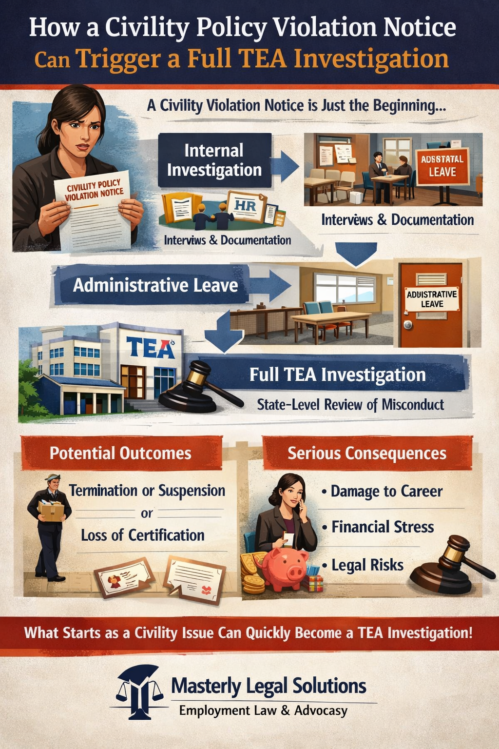 Infographic showing how a civility policy violation notice in a Texas school district can escalate into a full Texas Education Agency investigation, including stages such as internal investigation, interviews and documentation, administrative leave, TEA review, and potential outcomes like termination, loss of certification, career damage, financial stress, and legal risk.