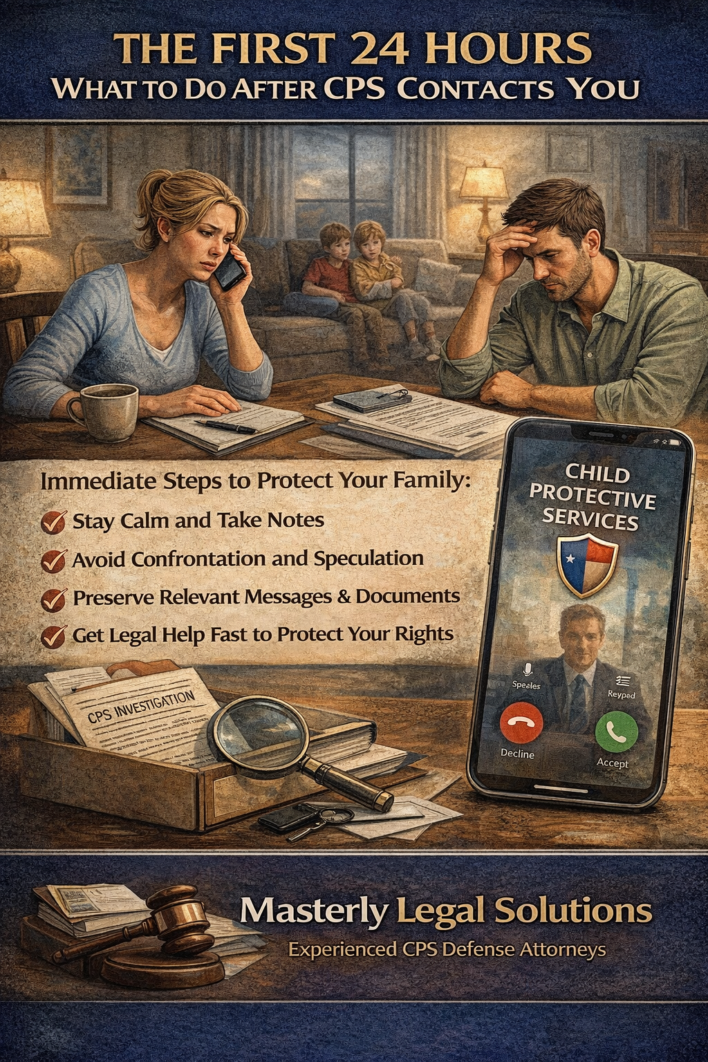 The First 24 Hours: What to Do After CPS Contacts You” showing a worried couple at a kitchen table after a CPS call, with children in the background and a phone displaying “Child Protective Services,” plus a checklist advising parents to stay calm, take notes, avoid confrontation, preserve messages and documents, and get legal help fast, branded by Masterly Legal Solutions.