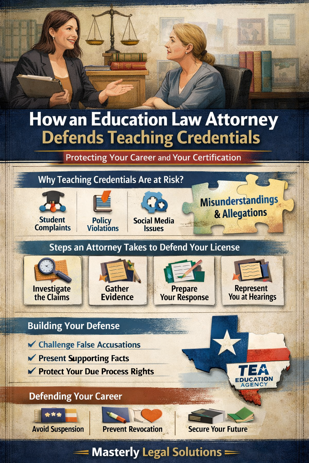 How an Education Law Attorney Defends Teaching Credentials” showing an attorney speaking with a teacher, explaining common risks like student complaints, policy violations, social media issues, and misunderstandings, plus defense steps including investigating claims, gathering evidence, preparing responses, and representation at hearings, with a Texas Education Agency graphic and Masterly Legal Solutions branding.
