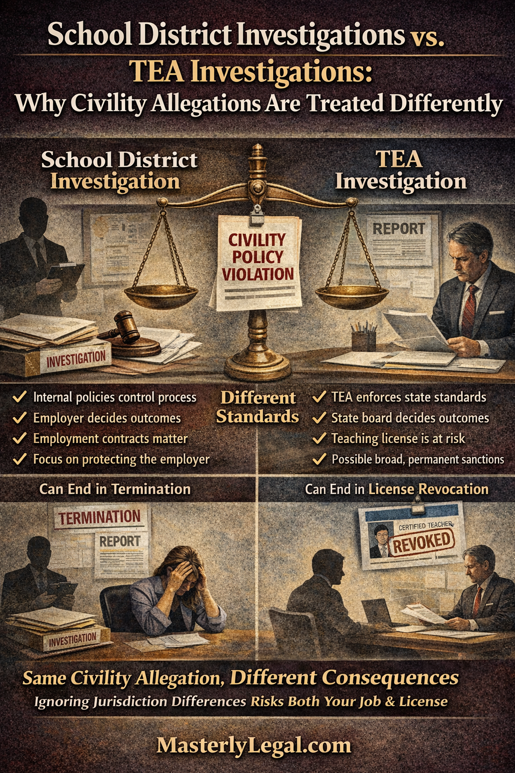 School District Investigations vs. TEA Investigations: Why Civility Allegations Are Treated Differently.” The image shows a split layout with a scale labeled “Civility Policy Violation” in the center. On the left, a school district investigation highlights internal policies, employer-controlled decisions, and termination risk. On the right, a TEA investigation emphasizes state standards, licensing authority, and the risk of teaching certificate revocation. The bottom message states that the same civility allegation can lead to different consequences for a teacher’s job and license.