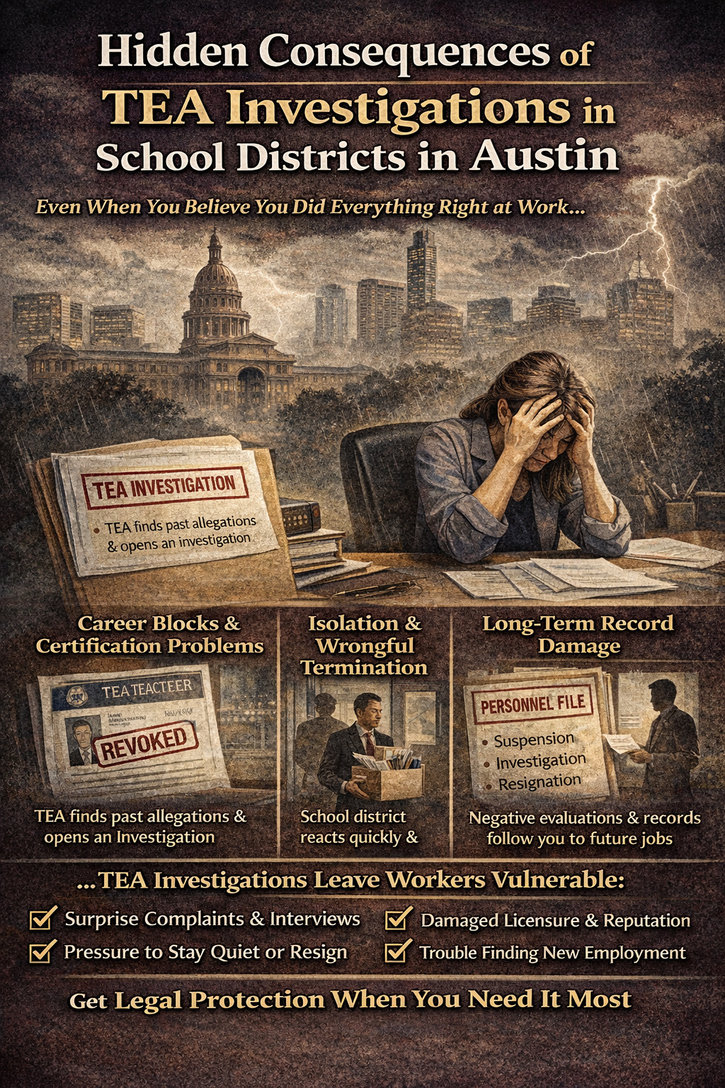 Hidden Consequences of TEA Investigations in School Districts in Austin” showing a stressed teacher sitting at a desk with paperwork while a stormy Austin skyline and lightning appear in the background. The graphic highlights major risks of TEA investigations, including career blocks and certification problems, isolation and wrongful termination, and long-term record damage through negative personnel files. A checklist at the bottom warns of surprise complaints and interviews, pressure to stay quiet or resign, damaged licensure and reputation, and difficulty finding new employment, encouraging educators to seek legal protection.
