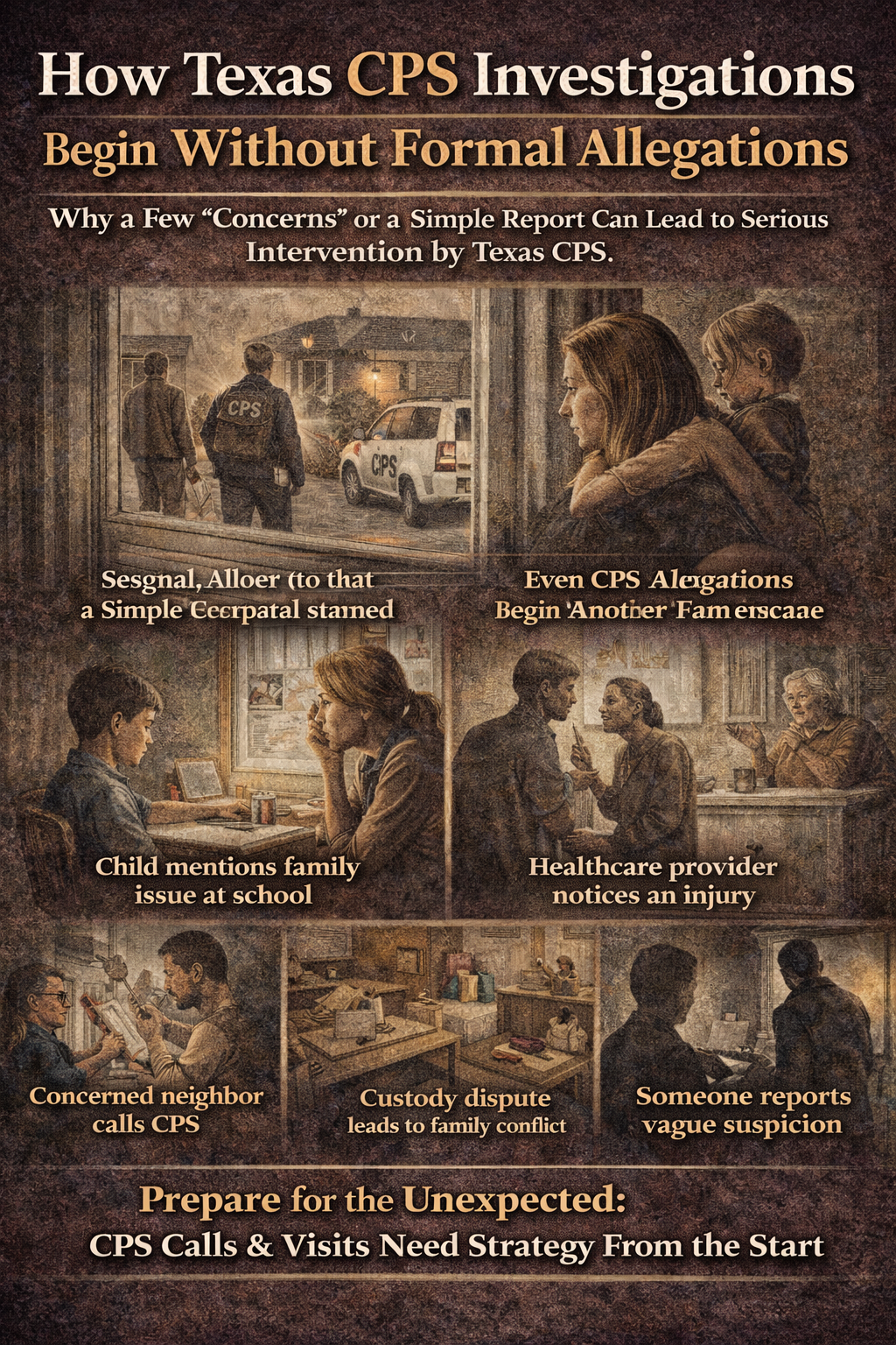 How Texas CPS Investigations Begin Without Formal Allegations” showing CPS workers and a CPS vehicle outside a home while a parent holds a child inside, looking worried. The graphic explains that CPS investigations can start from vague concerns or simple reports and includes example panels such as a child mentioning a family issue at school, a healthcare provider noticing an injury, a concerned neighbor calling CPS, a custody dispute causing conflict, and someone reporting a vague suspicion. Bottom text warns families to prepare for unexpected CPS calls and visits and emphasizes the need for a strategy from the start.