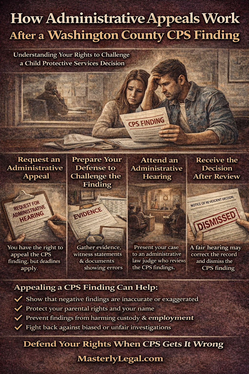 How Administrative Appeals Work After a Washington County CPS Finding” showing a worried couple holding paperwork labeled “CPS Finding.” Below, four illustrated steps explain the appeal process: requesting an administrative appeal, preparing a defense with evidence and witness statements, attending an administrative hearing, and receiving a reviewed decision that may dismiss the finding. A checklist at the bottom explains that appealing can correct inaccurate findings, protect parental rights, reduce damage to custody and employment, and challenge unfair investigations, ending with a message encouraging families to defend their rights.