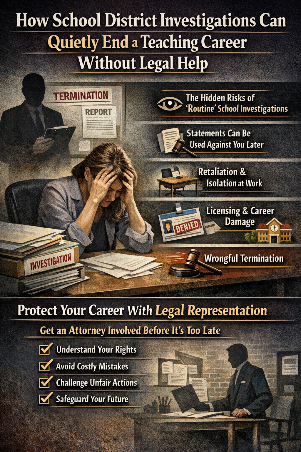 Infographic showing a distressed teacher sitting at a desk with investigation documents while shadowy school administrators stand in the background. Headline reads “How School District Investigations Can Quietly End a Teaching Career Without Legal Help.” Visual elements highlight risks such as statements being used against teachers, retaliation, licensing and career damage, and wrongful termination, emphasizing the importance of legal representation to protect an educator’s career.