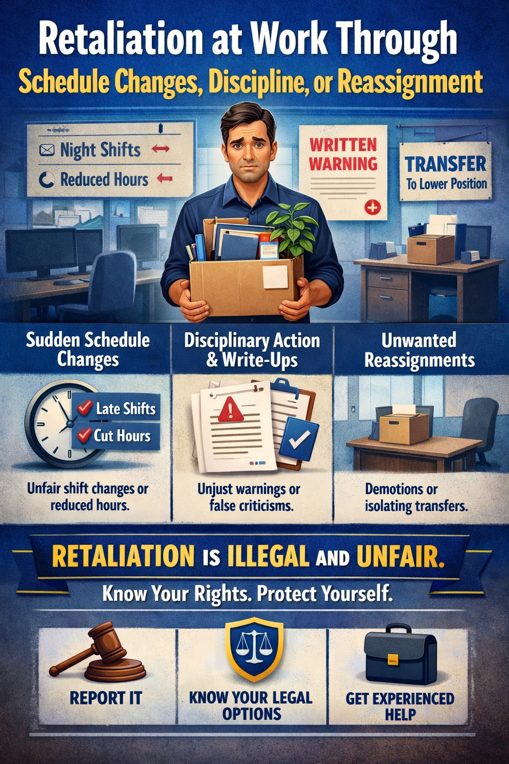 A worried employee stands in an office holding a box as signs highlight schedule changes, disciplinary write-ups, and unwanted reassignment—common forms of workplace retaliation.