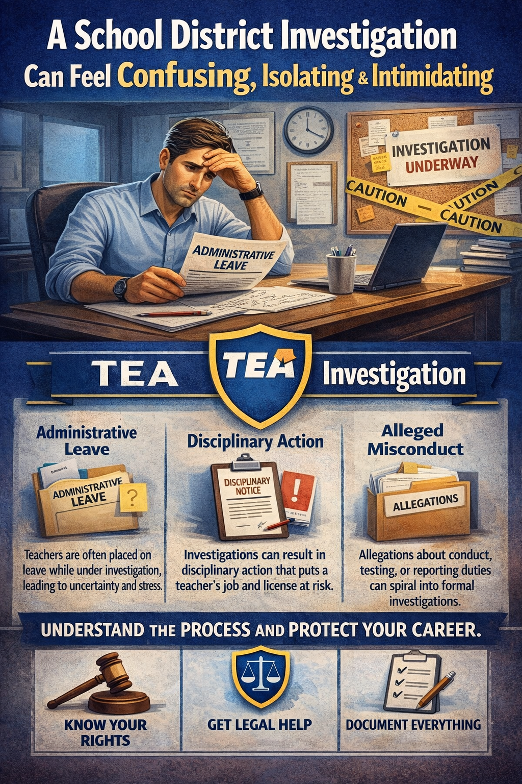 Administrative Leave” notice while a board behind them reads “Investigation Underway,” illustrating how TEA and school district investigations can involve leave, discipline, and misconduct allegations.