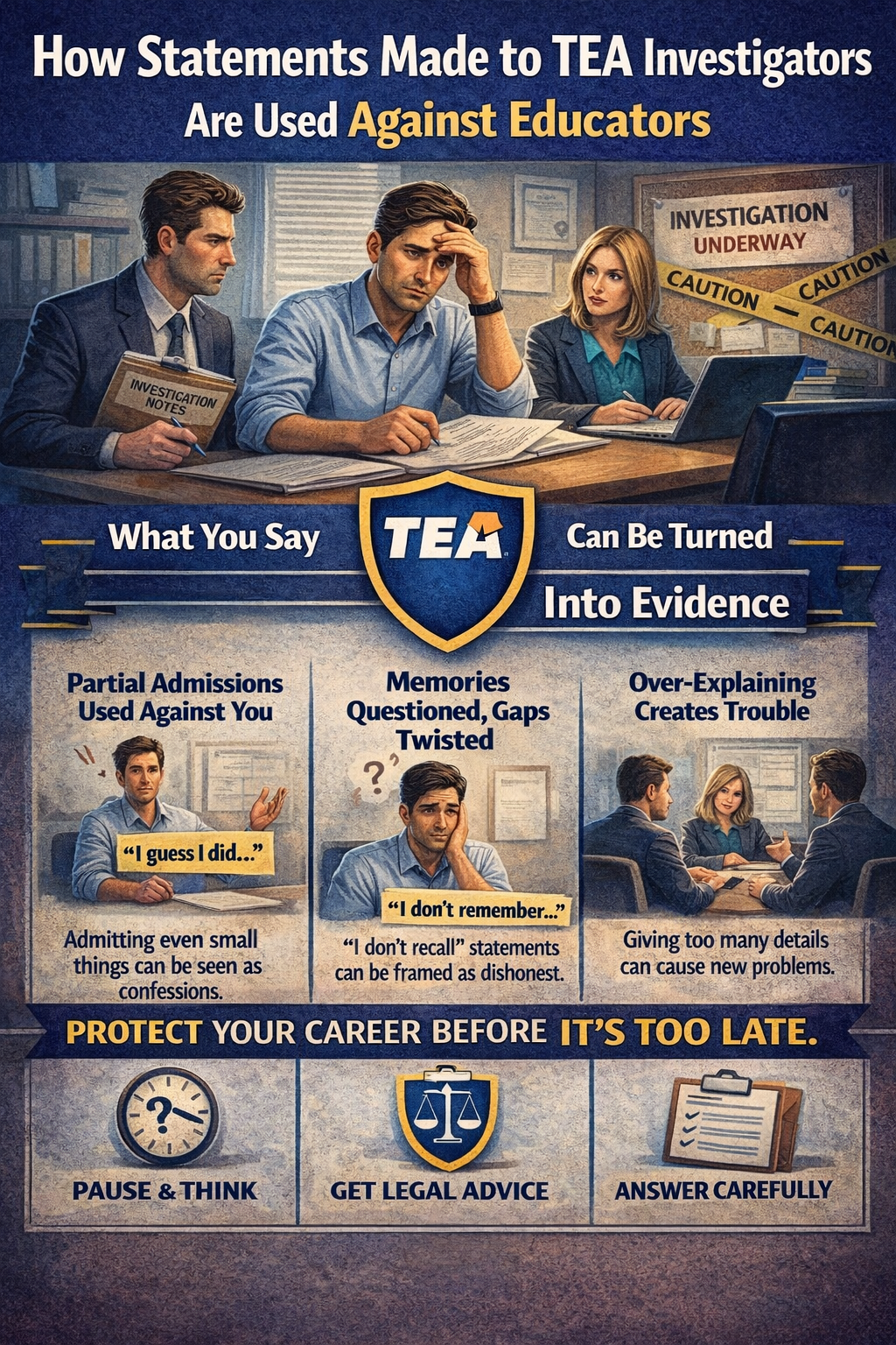 A teacher sits stressed during a TEA investigation interview while an infographic explains how statements can be used as evidence through partial admissions, memory gaps, and over-explaining, with reminders to pause, seek legal advice, and answer carefully.