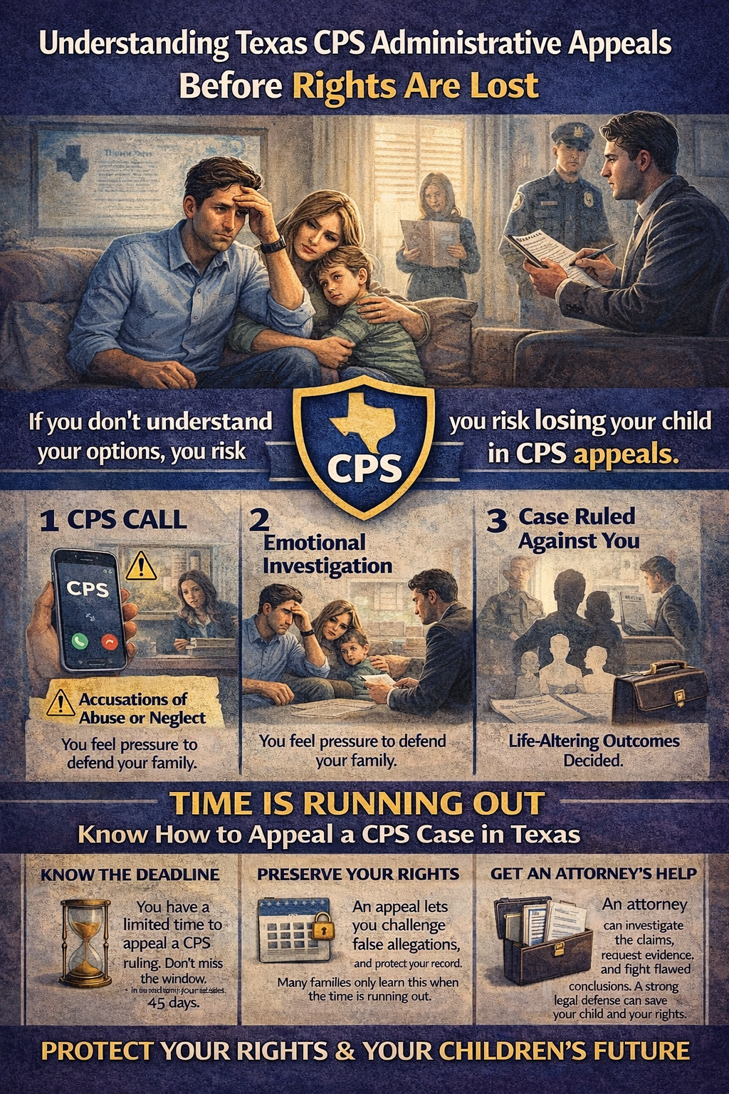A distressed family sits together during a CPS investigation as an infographic explains Texas CPS administrative appeals, warning that deadlines come quickly and urging parents to know their options, protect their rights, and seek legal help.