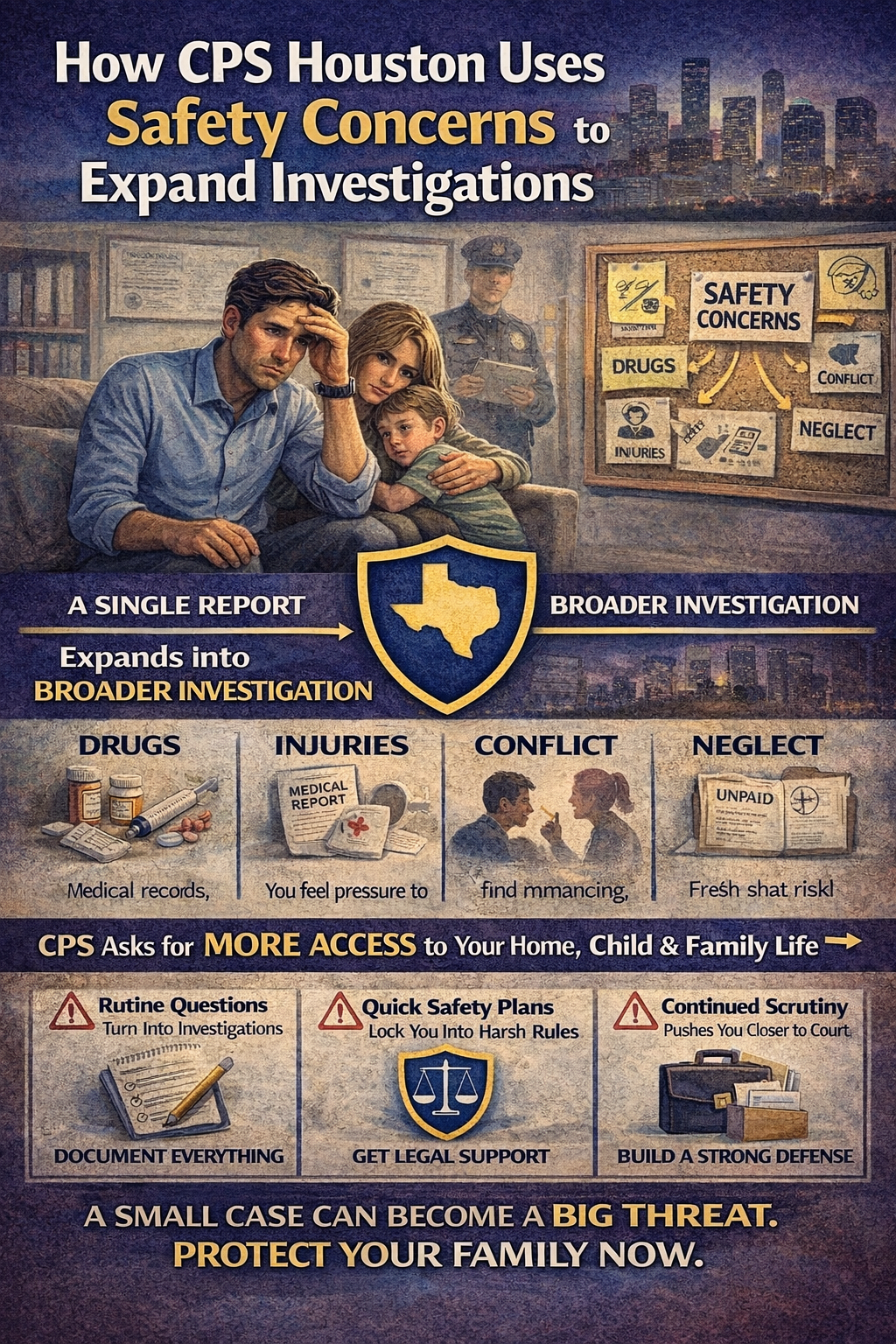 A worried family sits during a CPS Houston investigation as an infographic shows how “safety concerns” can expand a case into broader home visits, questioning, and legal pressure.